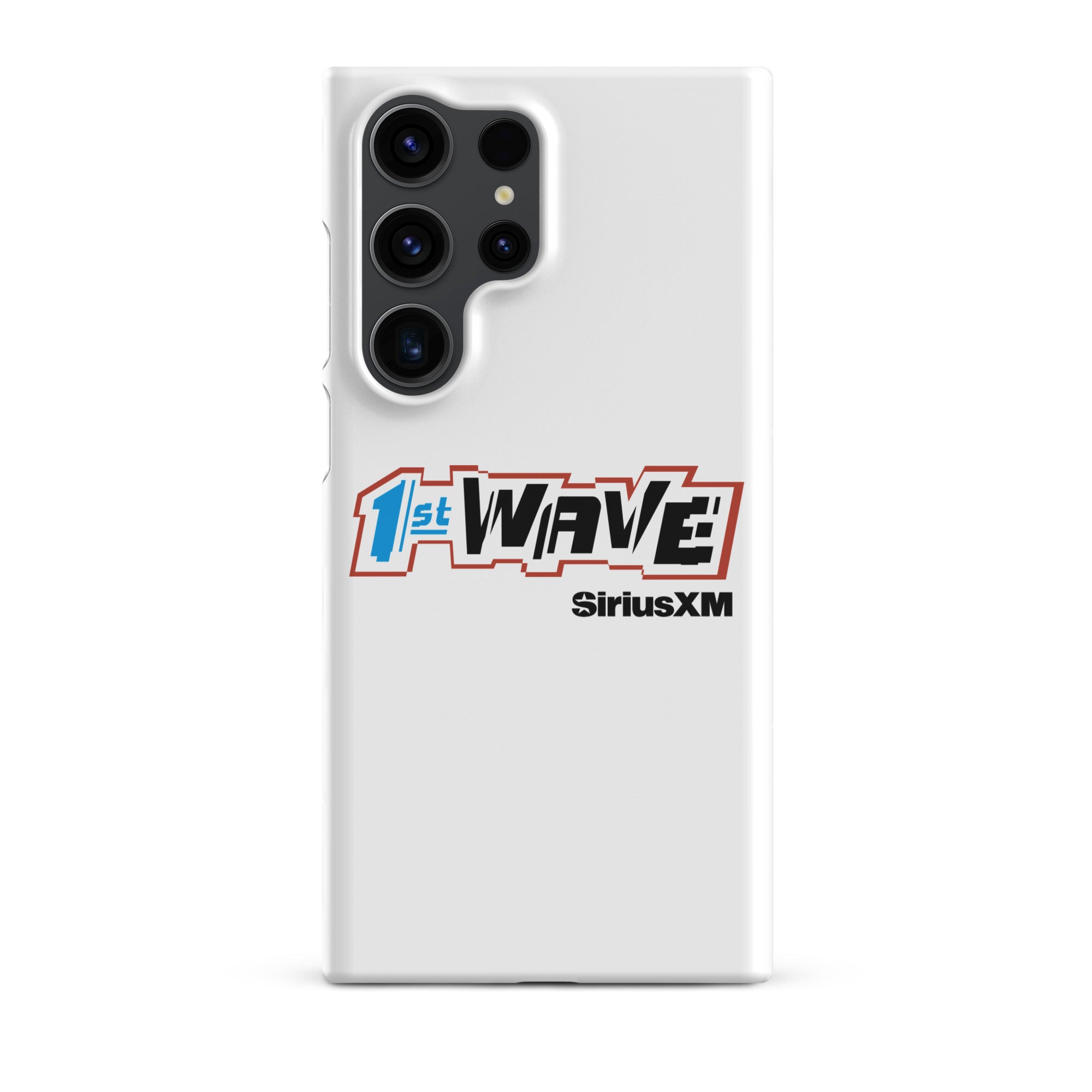 White phone case featuring 'SiriusXM 1st Wave' logo and black 'SiriusXM' branding.