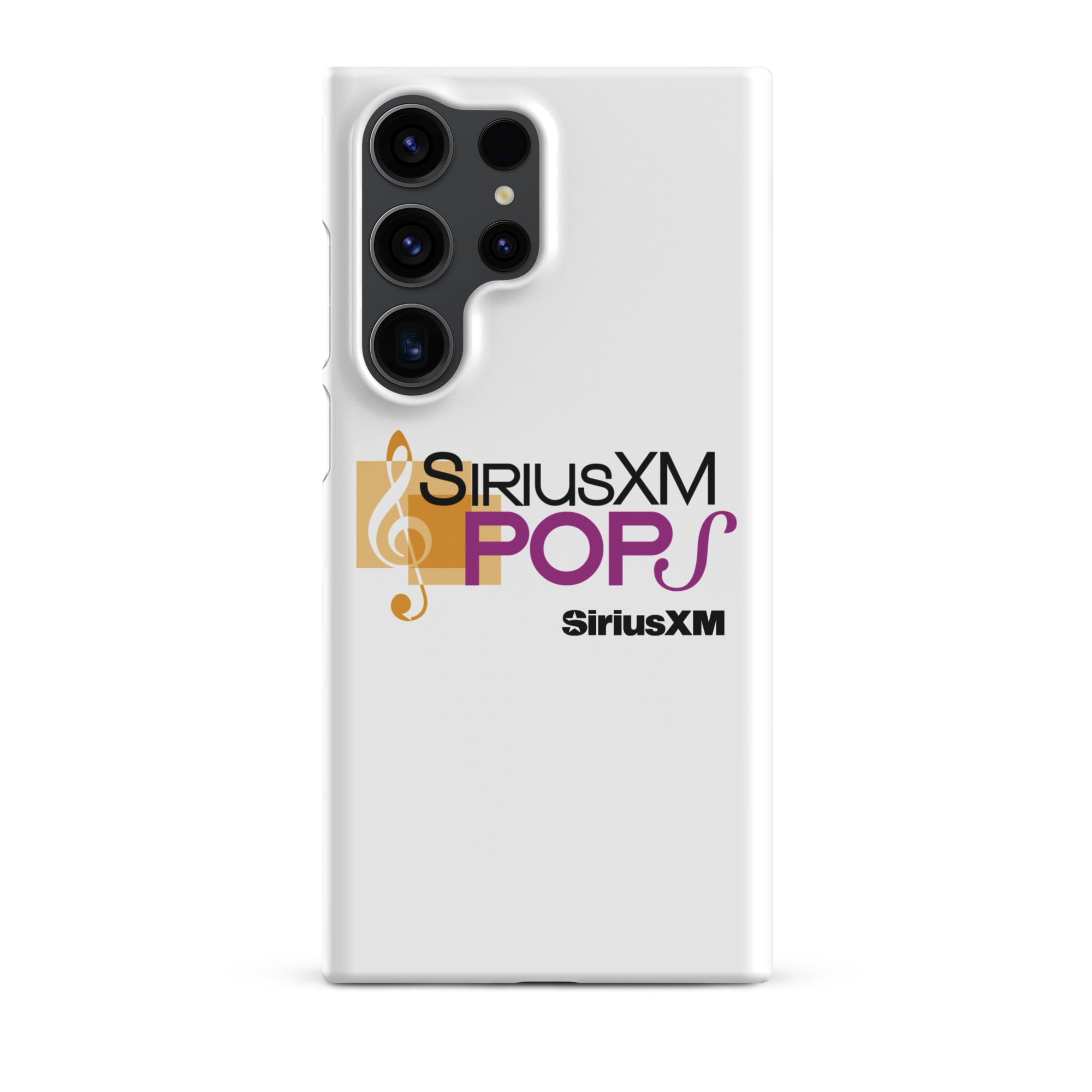 White phone case with 'SiriusXM Pops' logo featuring musical notes and 'SiriusXM' branding.