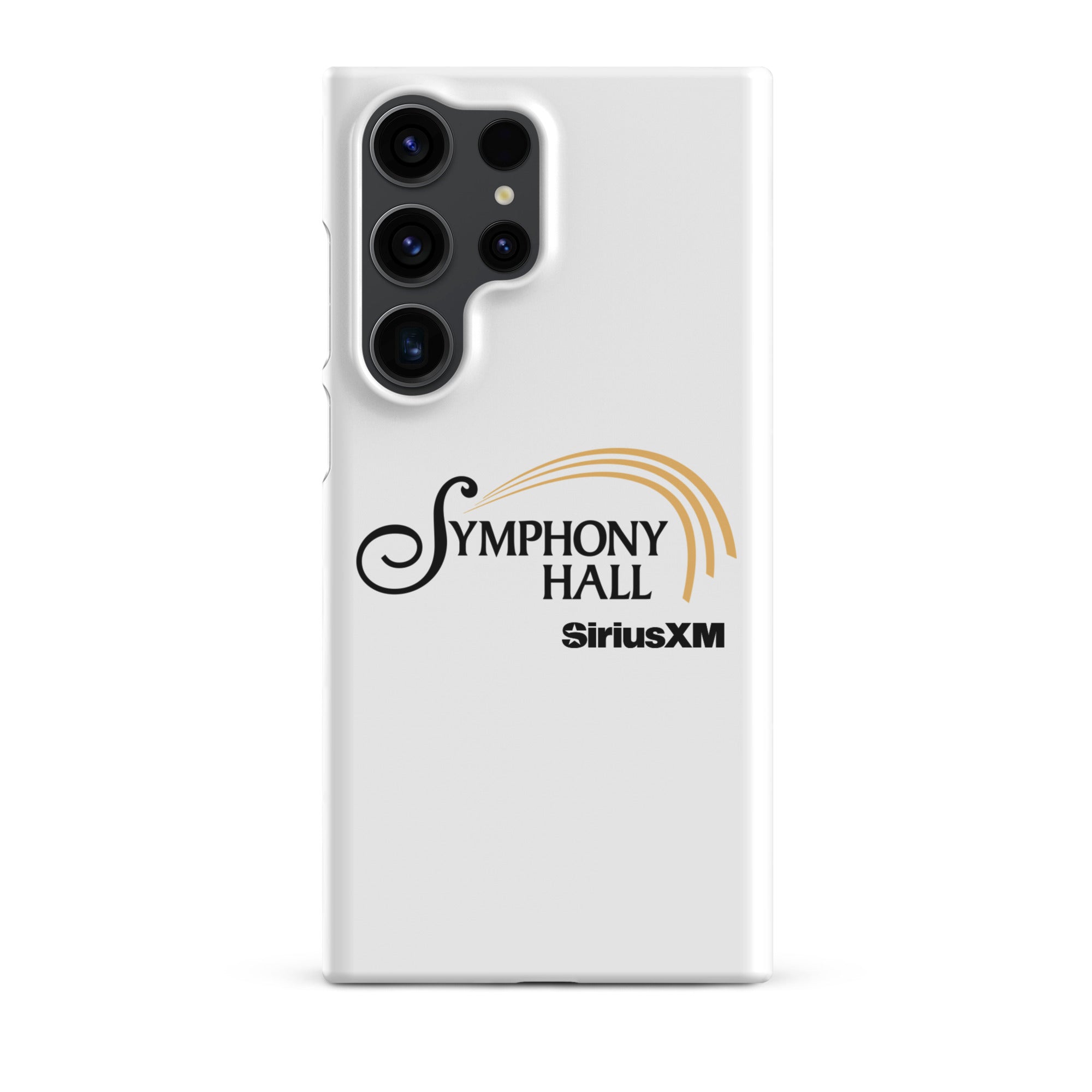 White phone case featuring the words 'Symphony Hall' and 'SiriusXM' in black and gold.