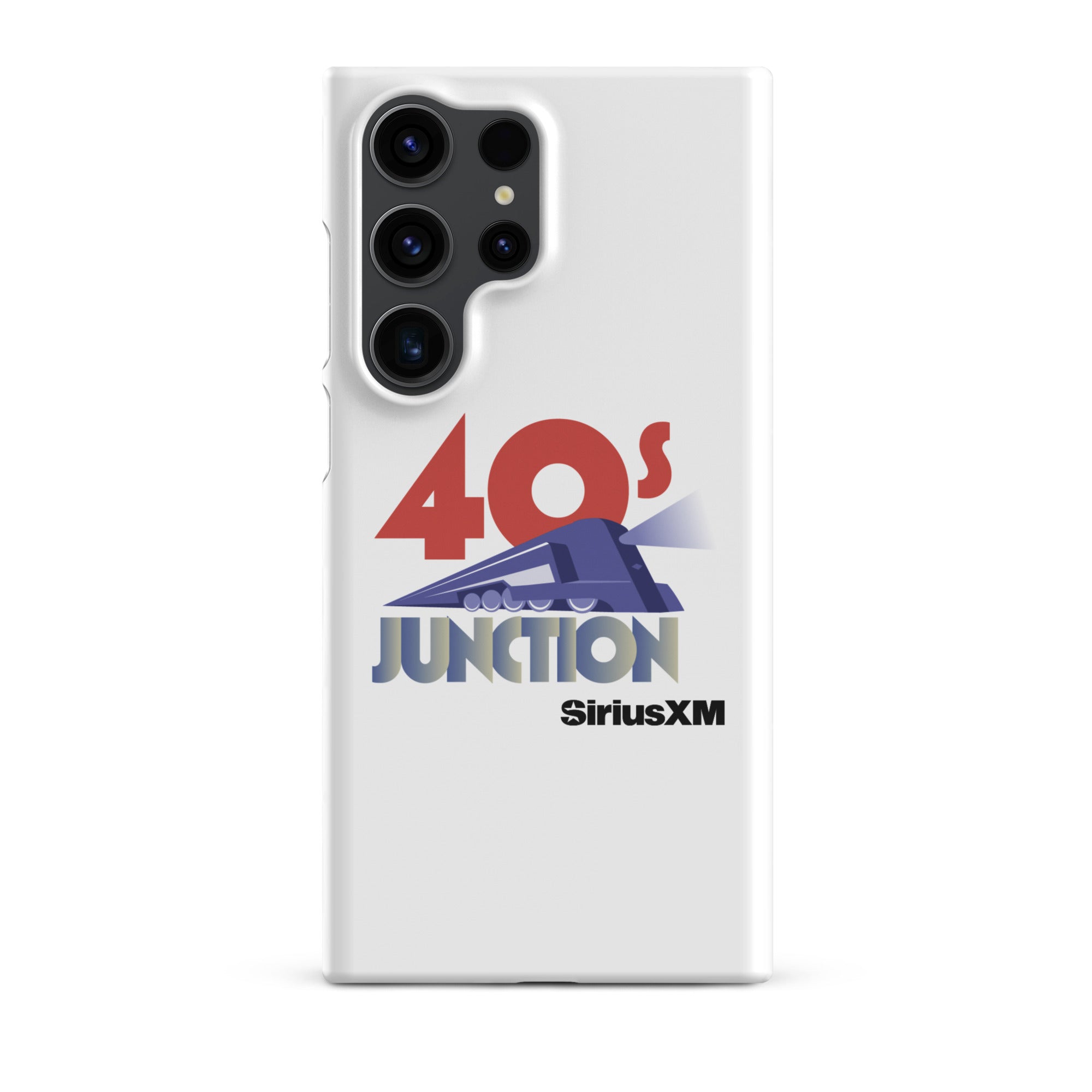 White phone case featuring a design with '40s Junction' and a train graphic, branded with 'SiriusXM.'