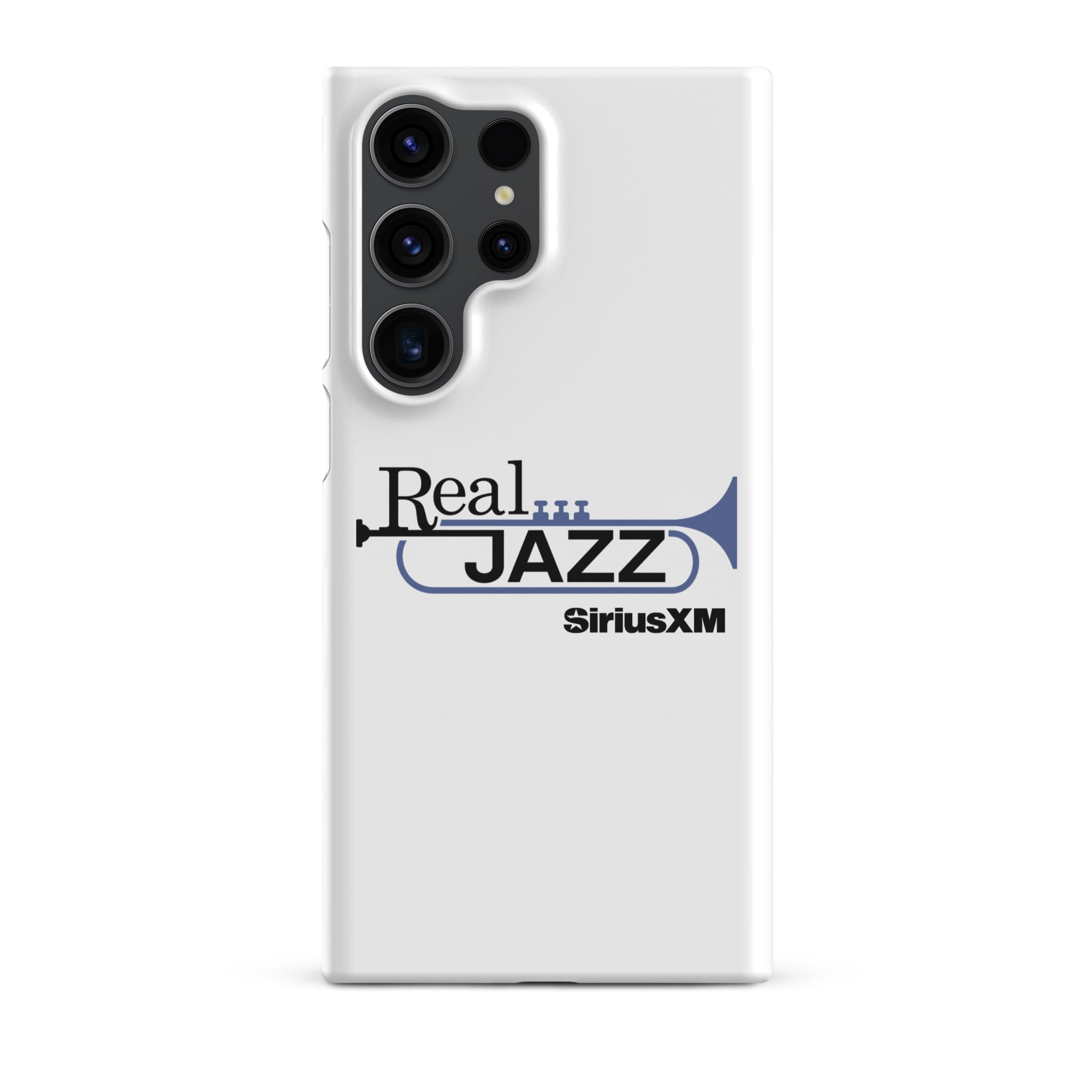 White phone case featuring 'Real Jazz' logo with trumpet and 'SiriusXM' text.