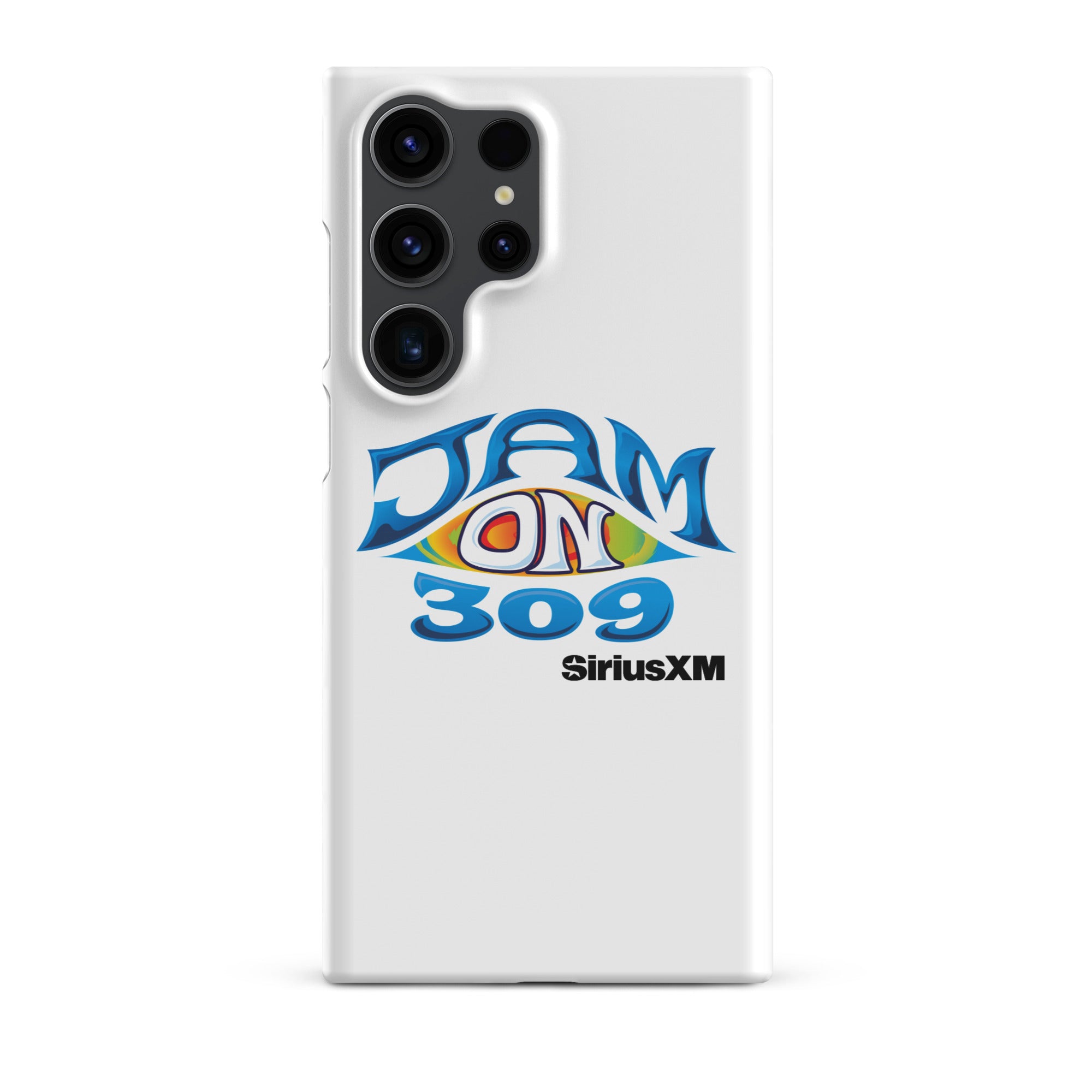 White phone case featuring 'JAM ON 309' logo and 'SiriusXM' text in blue and colorful design.