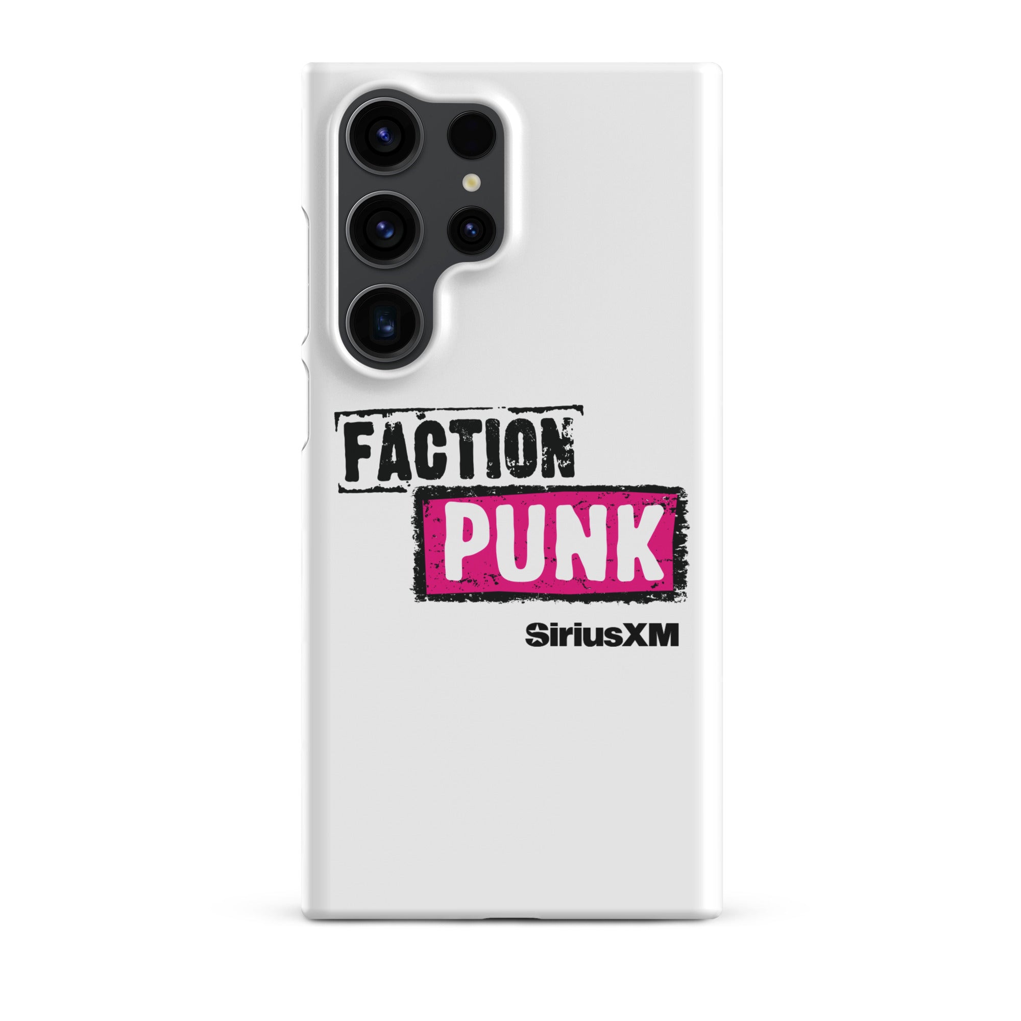 A white phone case with the words 'FACTION PUNK' in bold black and pink lettering and 'SiriusXM' branding.