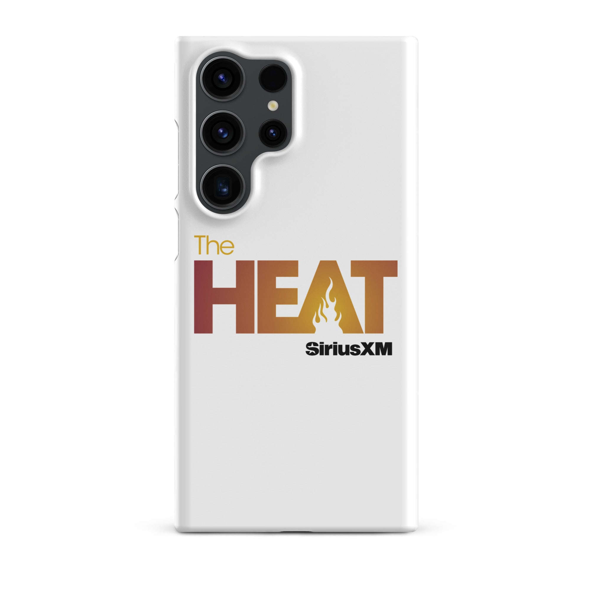 White phone case featuring 'The HEAT' logo with a flame design in orange and red hues and 'SiriusXM' branding.