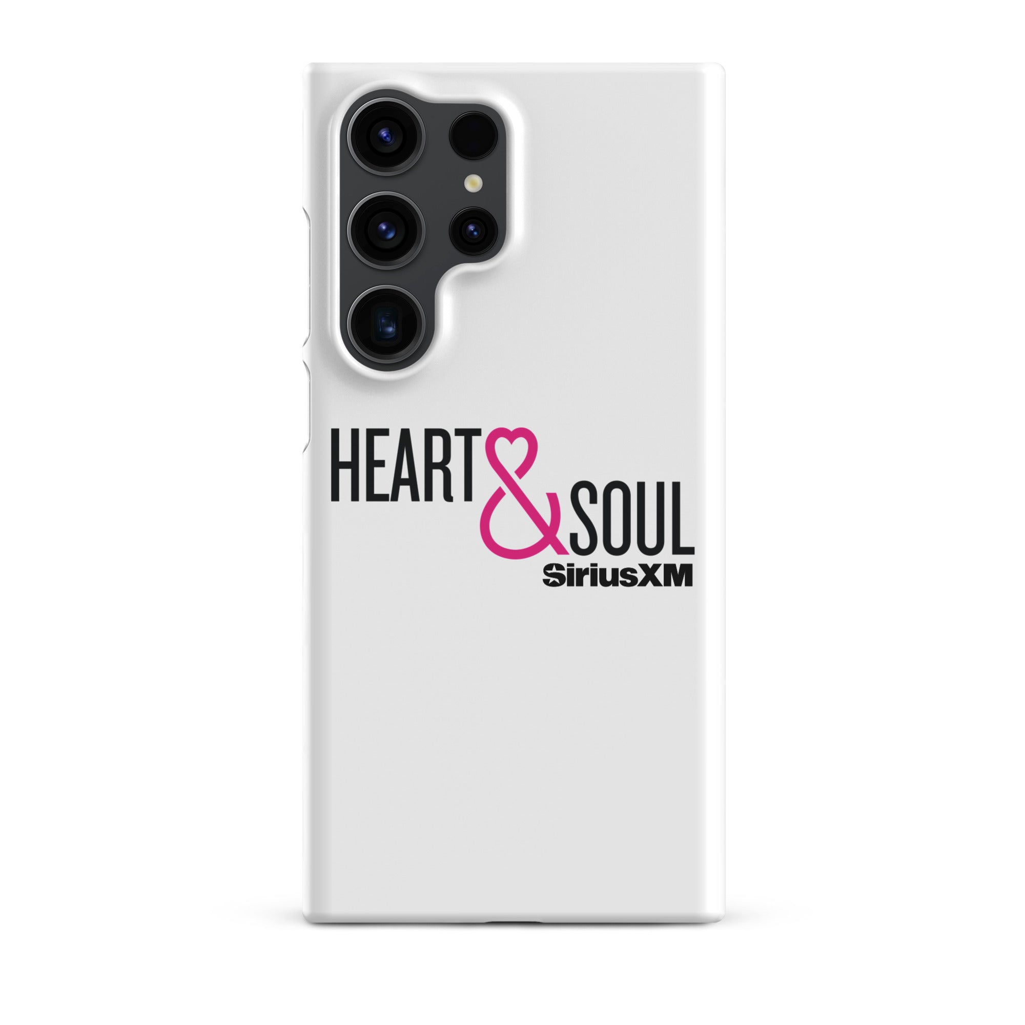 White phone case featuring 'HEART & SOUL' in black and pink text, with 'SiriusXM' logo.