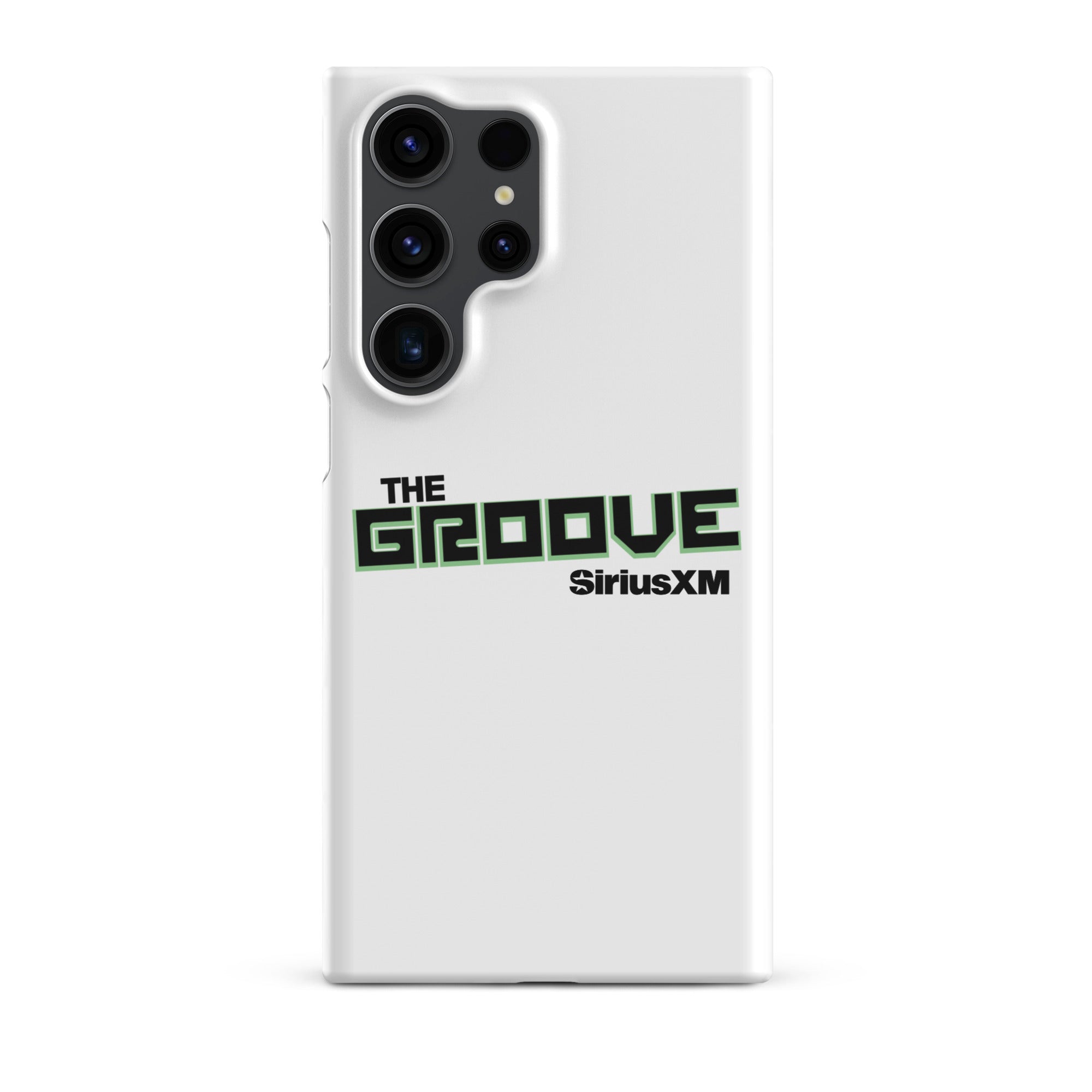 White phone case with 'THE GROOVE' and 'SiriusXM' logo in green and black text.