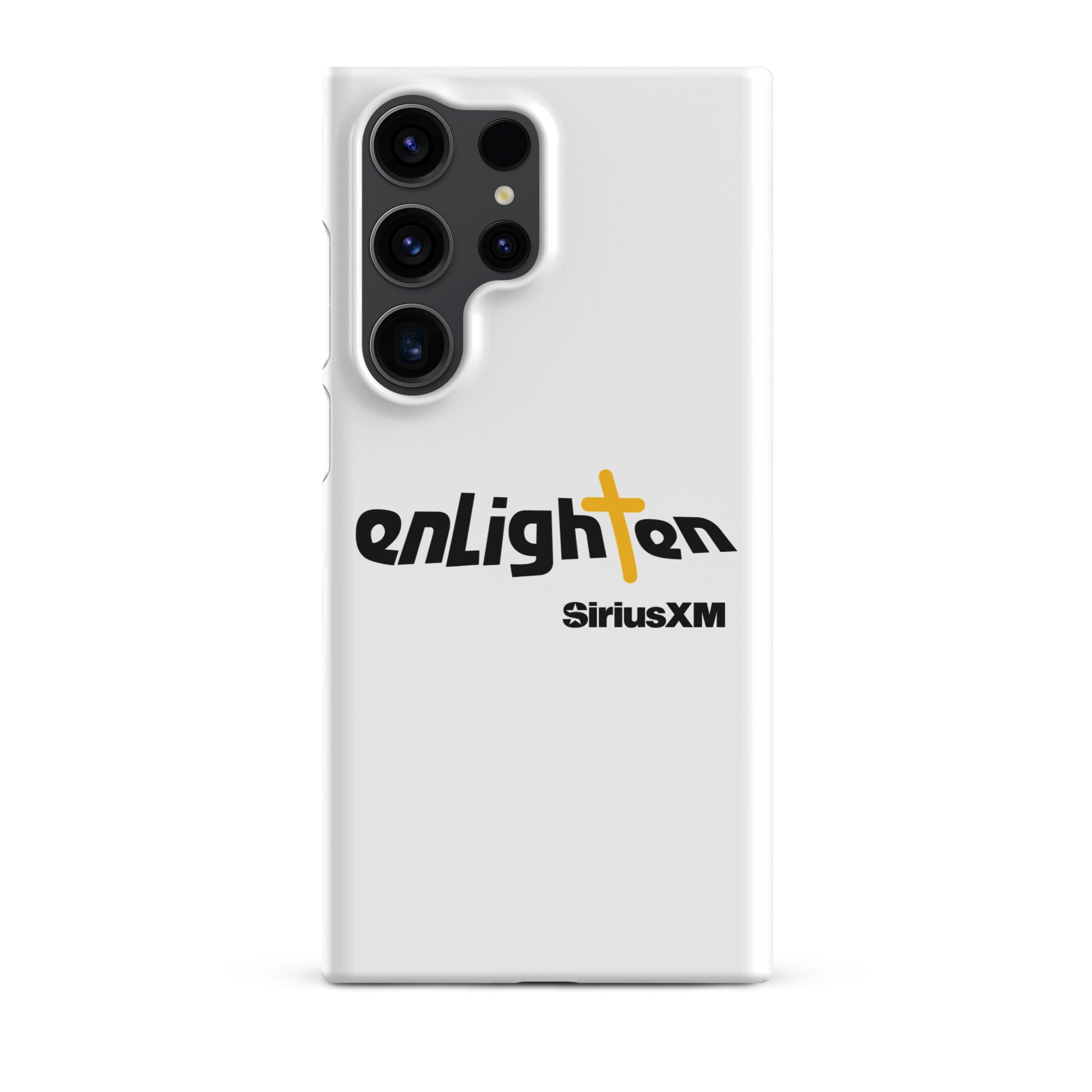 White smartphone case featuring 'enLighten' with black text and a yellow cross and 'SiriusXM' text.