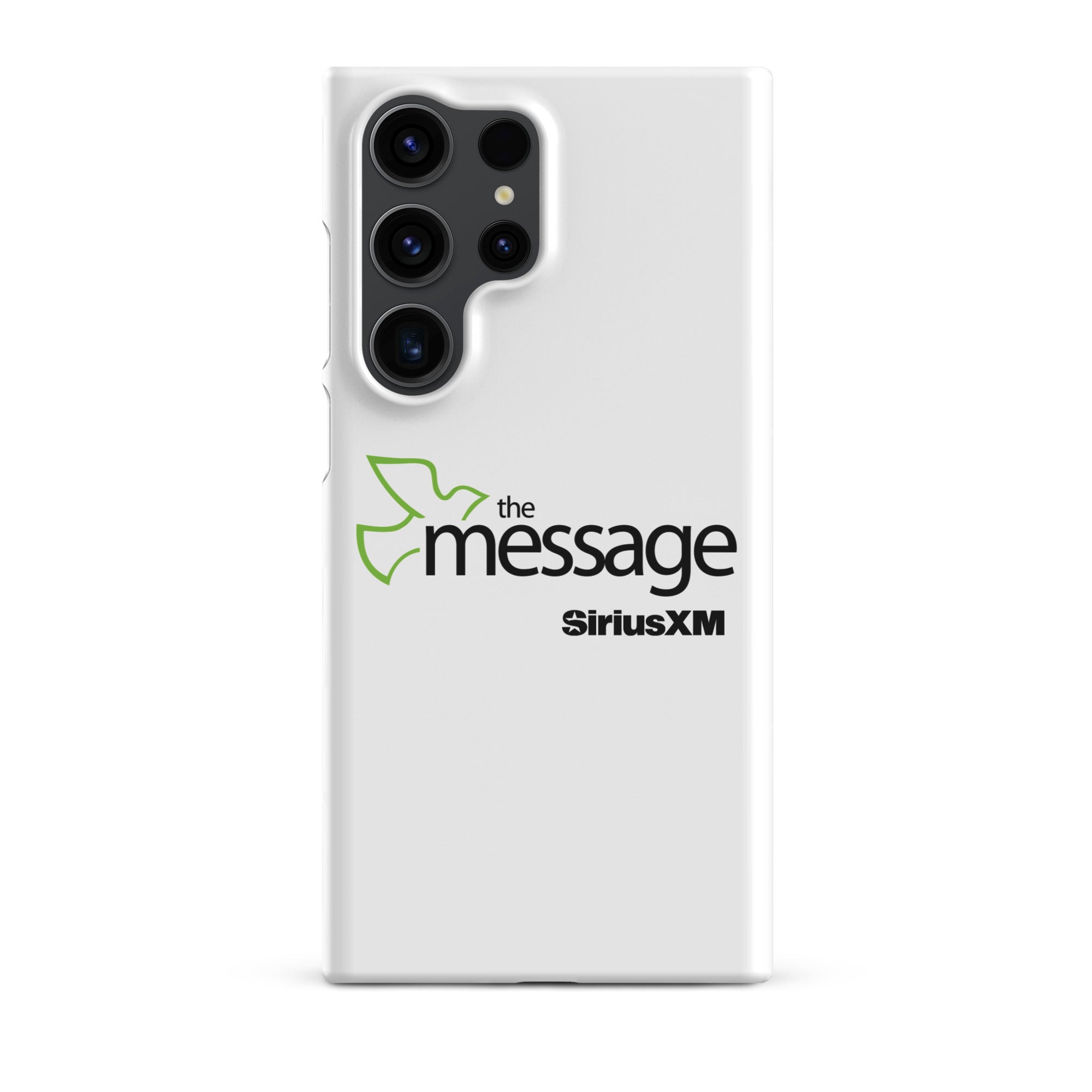 White phone case featuring 'the message' logo alongside 'SiriusXM' branding.