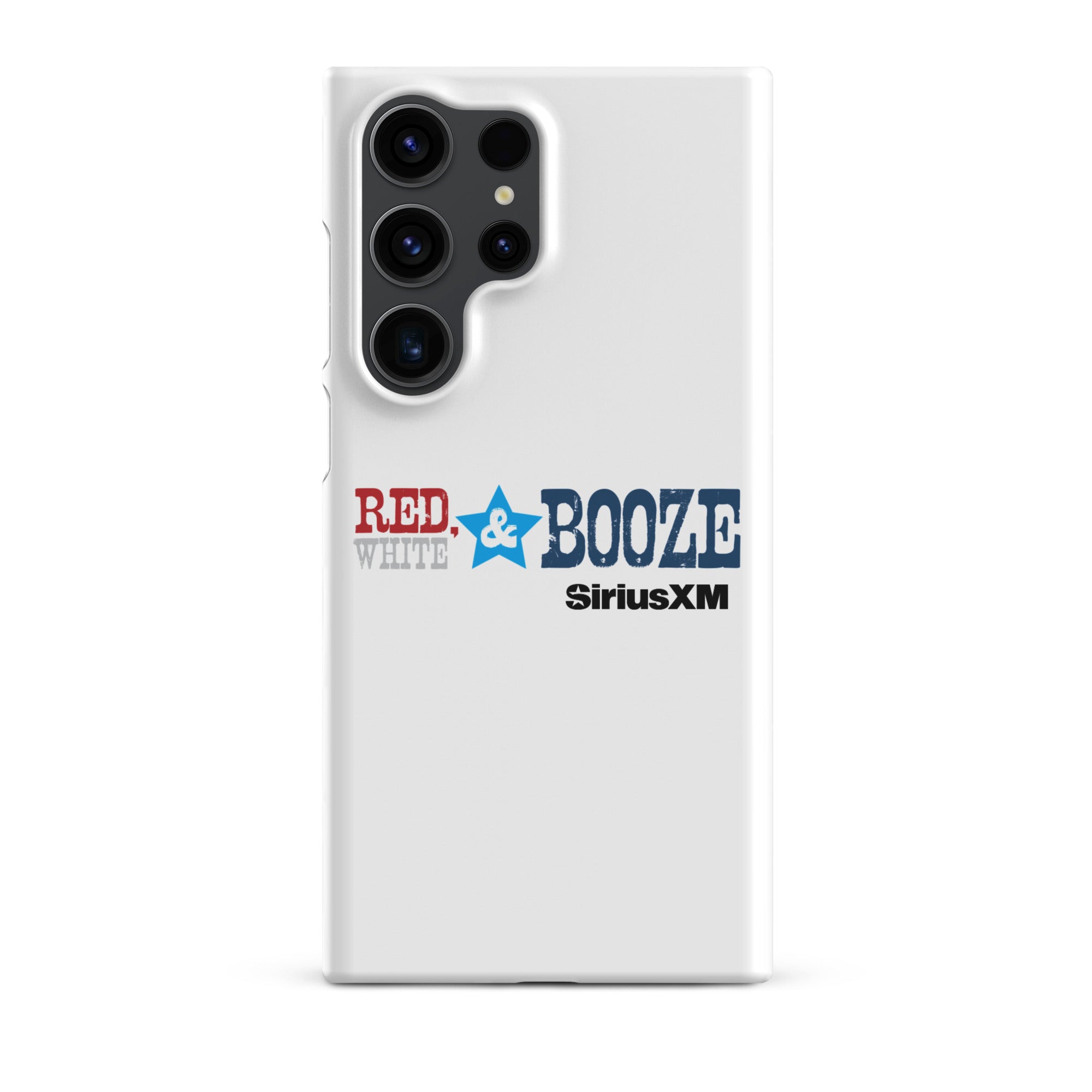 A white phone case featuring the logo 'RED, WHITE & BOOZE' along with 'SiriusXM' logo.