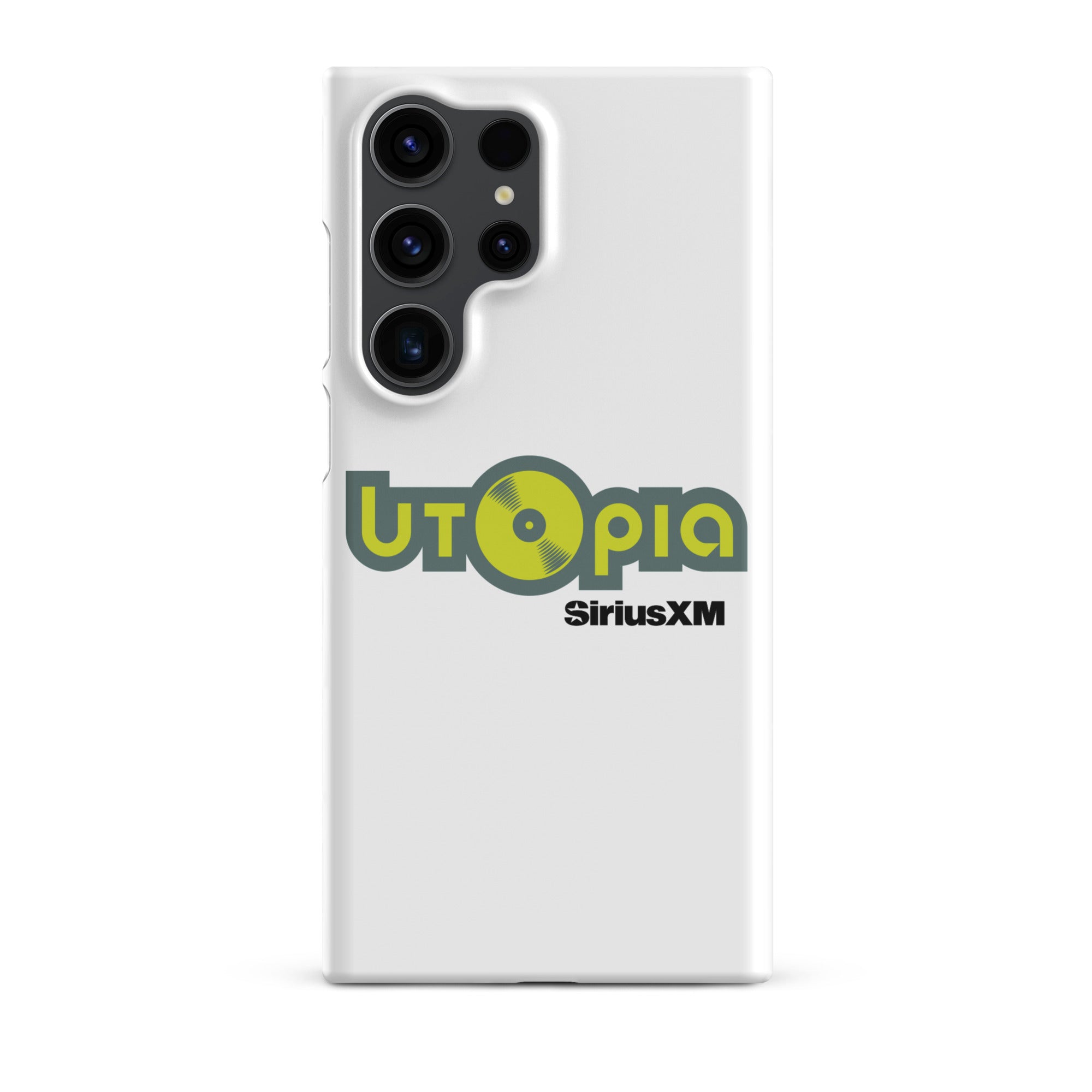 White phone case with the 'Utopia' logo and 'SiriusXM' branding in green and black.