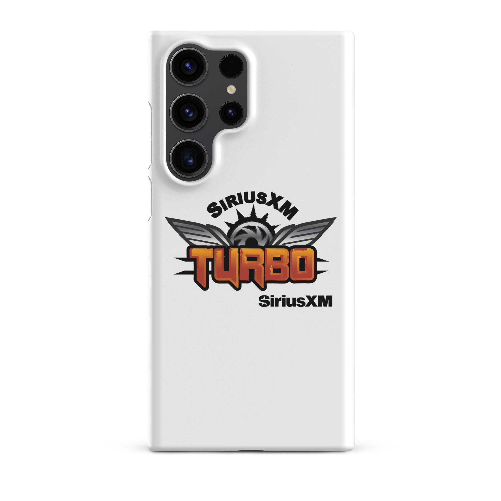 White phone case featuring 'SiriusXM Turbo' logo with wings and sun graphics and 'SiriusXM' branding.