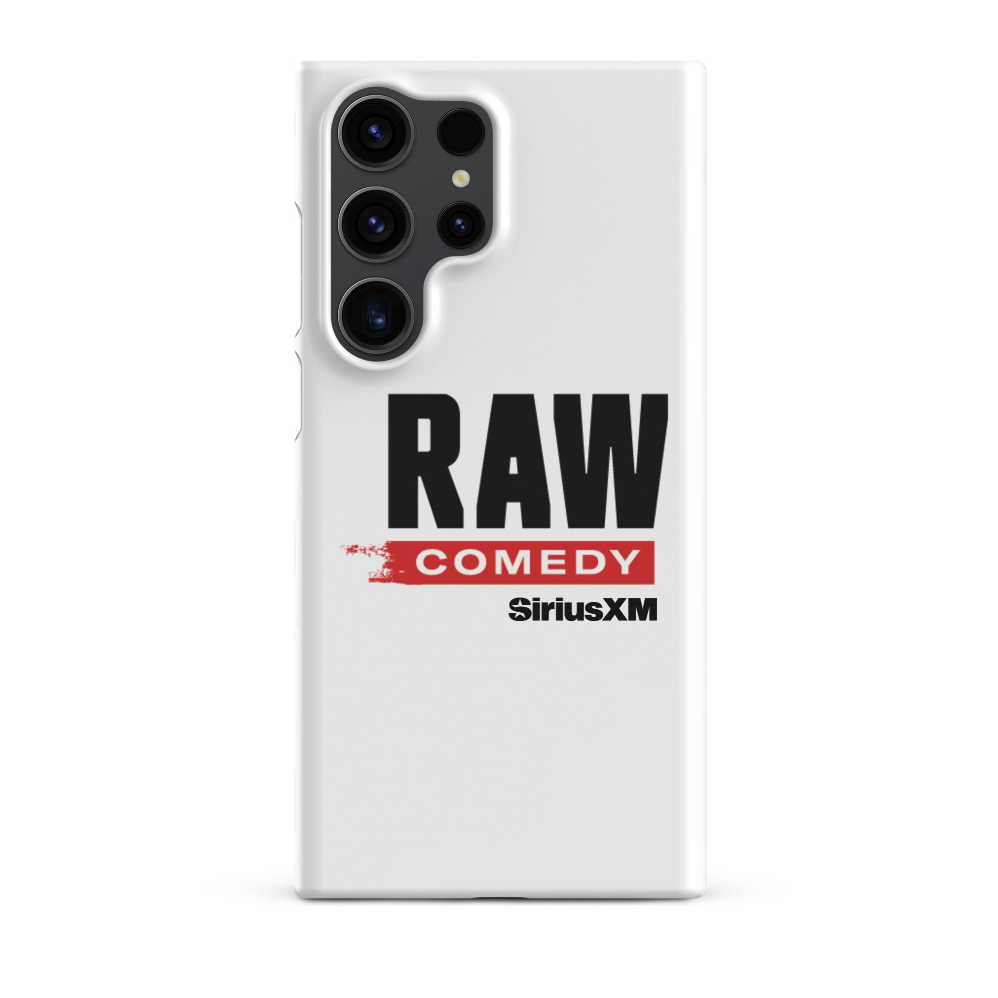 RAW COMEDY' logo and 'SiriusXM' branding featured on a white phone case.