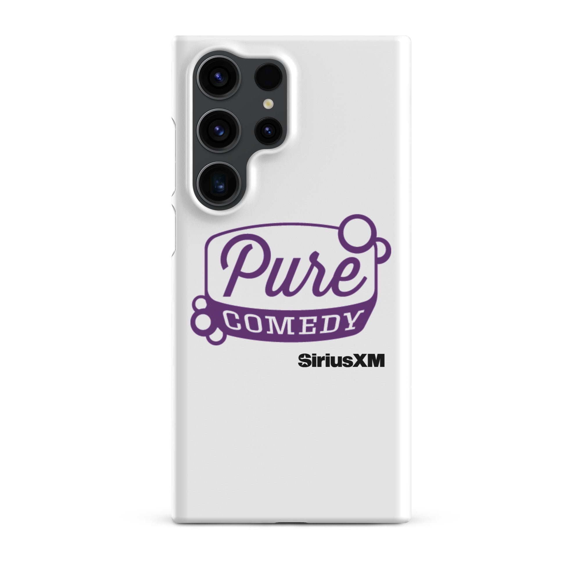 White phone case featuring 'Pure Comedy' in purple text and the 'SiriusXM' logo.