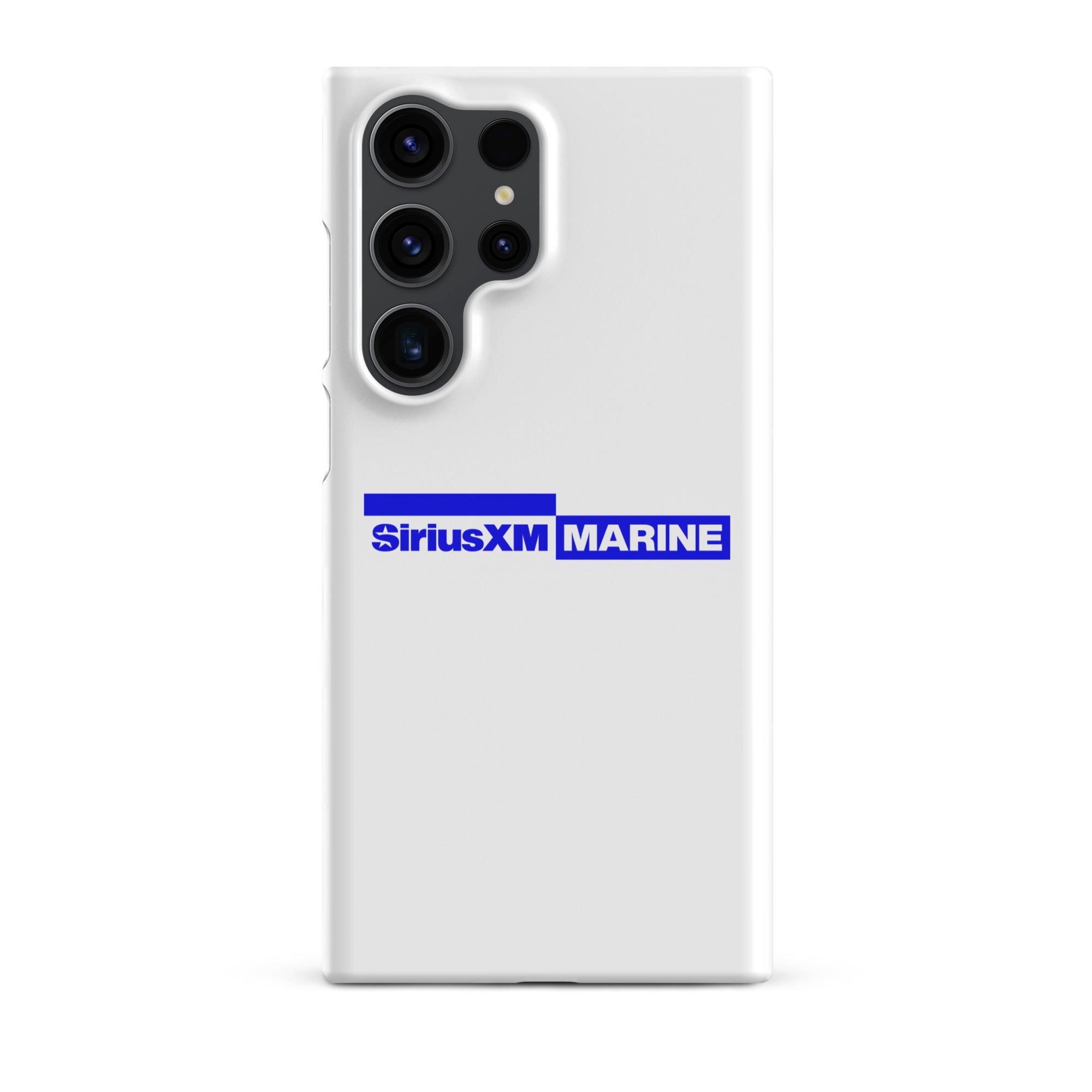 White phone case featuring the SiriusXM Marine logo in blue.