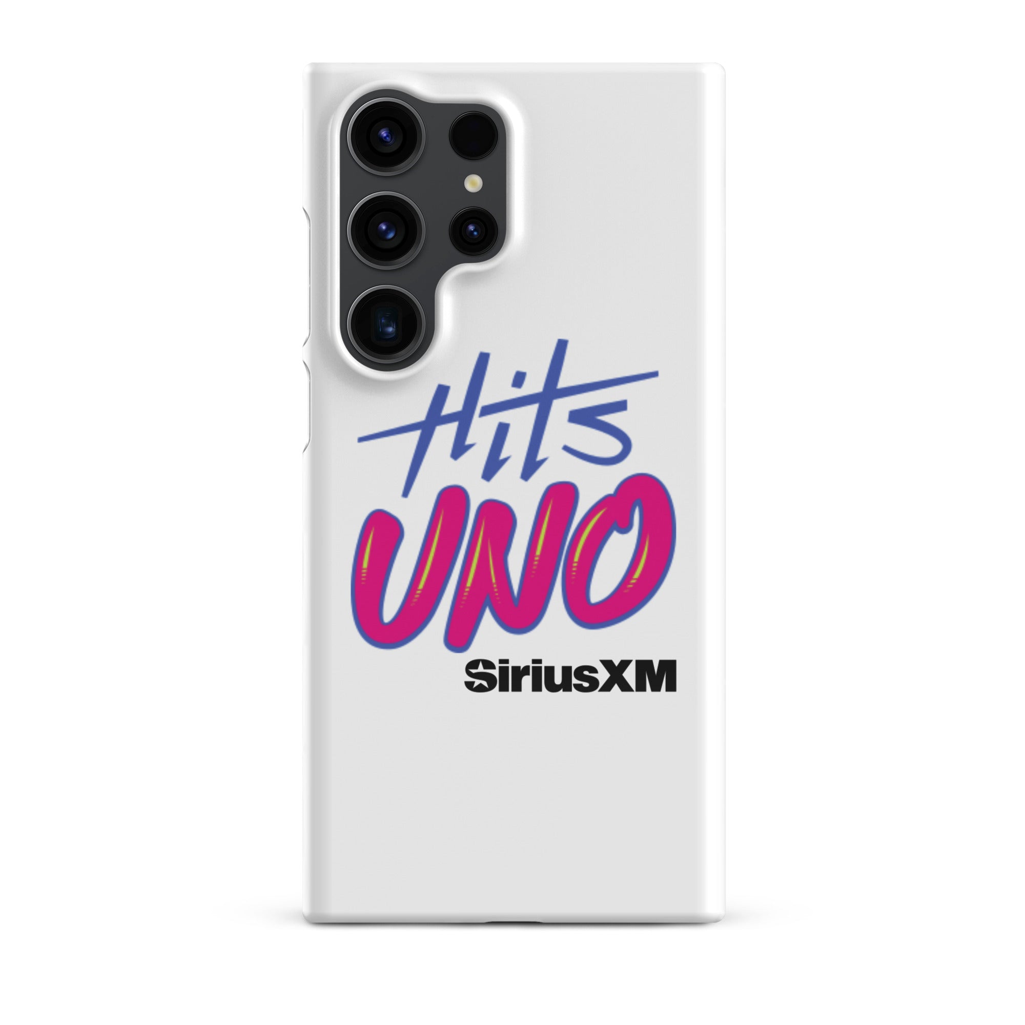 Phone case design featuring 'Hits UNO' and 'SiriusXM' in vibrant blue and pink colors on a white background.