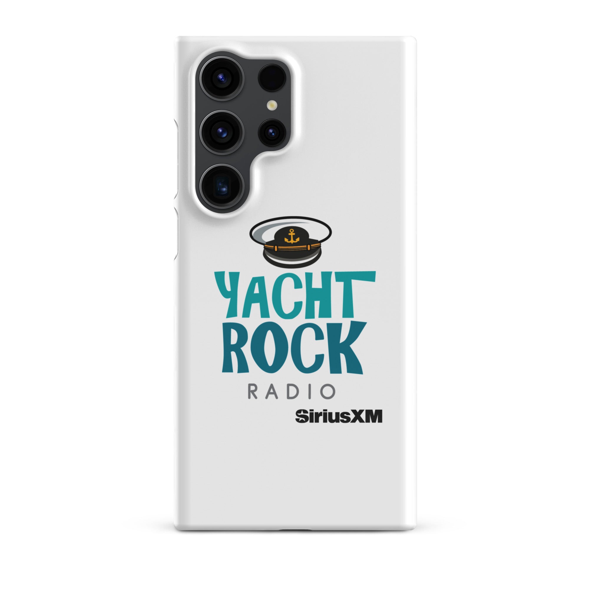 White phone case featuring 'Yacht Rock Radio' logo with a captain's hat and 'SiriusXM' branding.