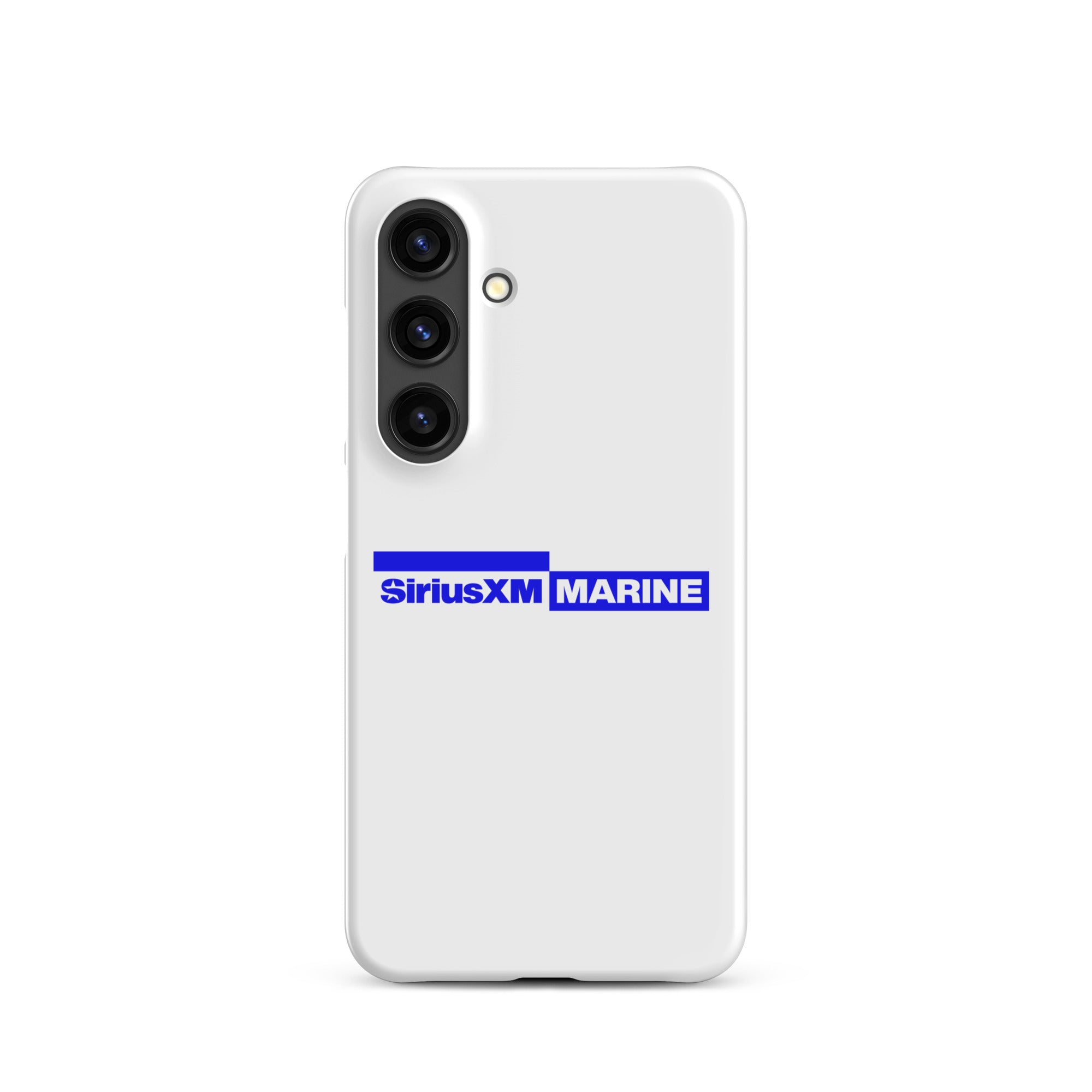 White phone case featuring the SiriusXM Marine logo in blue.