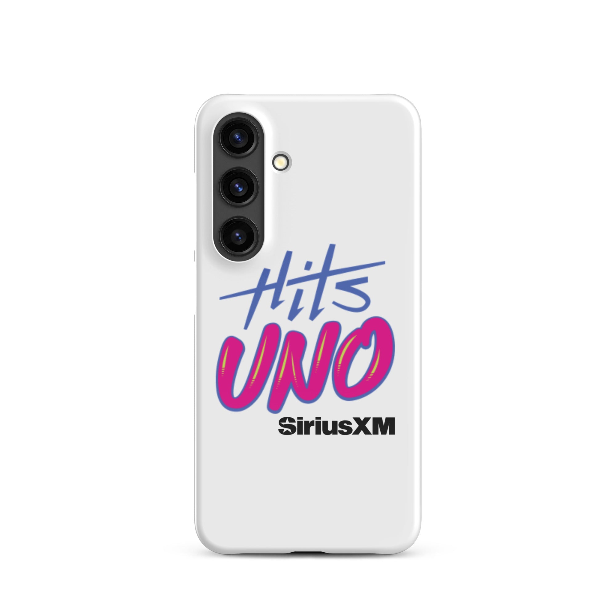 Phone case design featuring 'Hits UNO' and 'SiriusXM' in vibrant blue and pink colors on a white background.