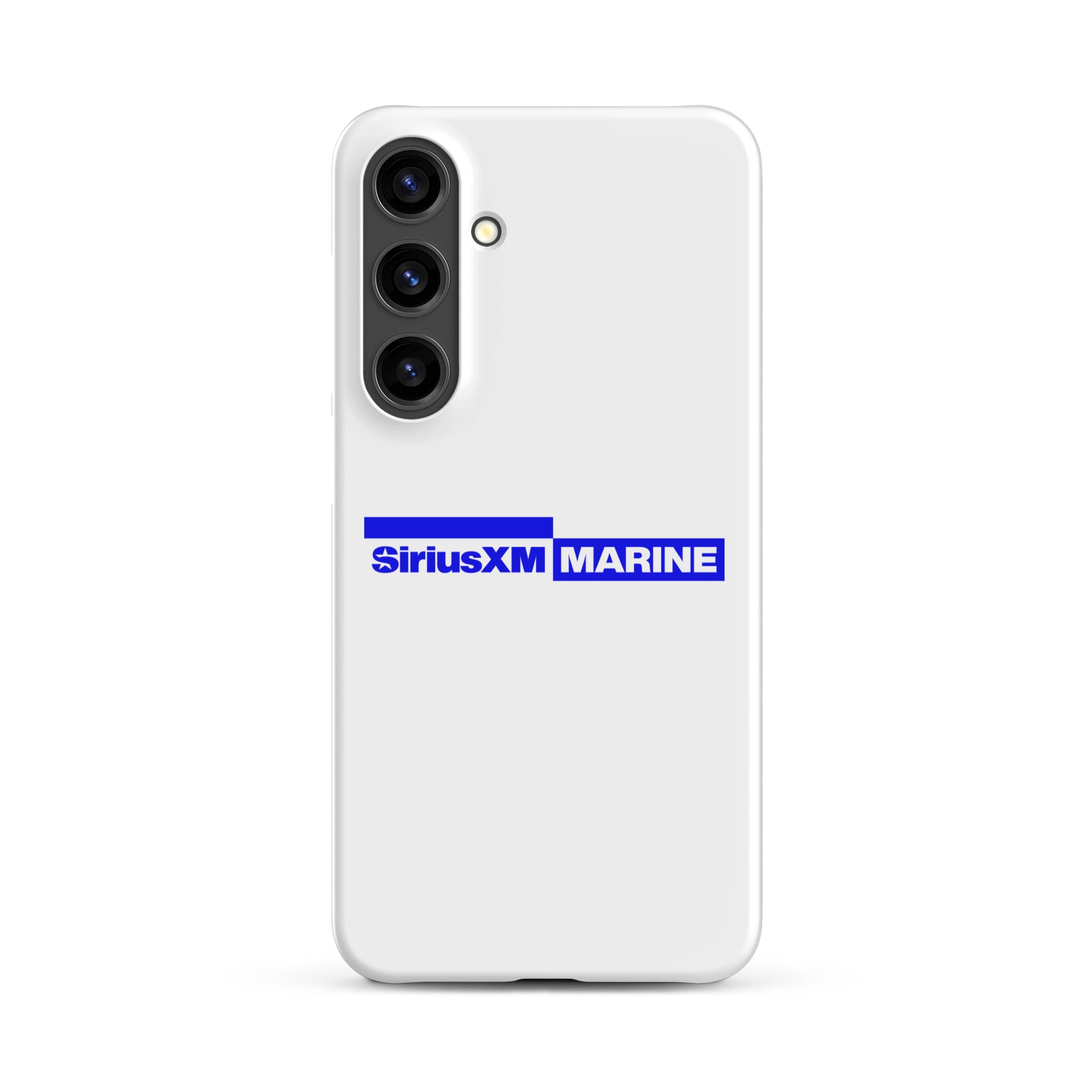 White phone case featuring the SiriusXM Marine logo in blue.