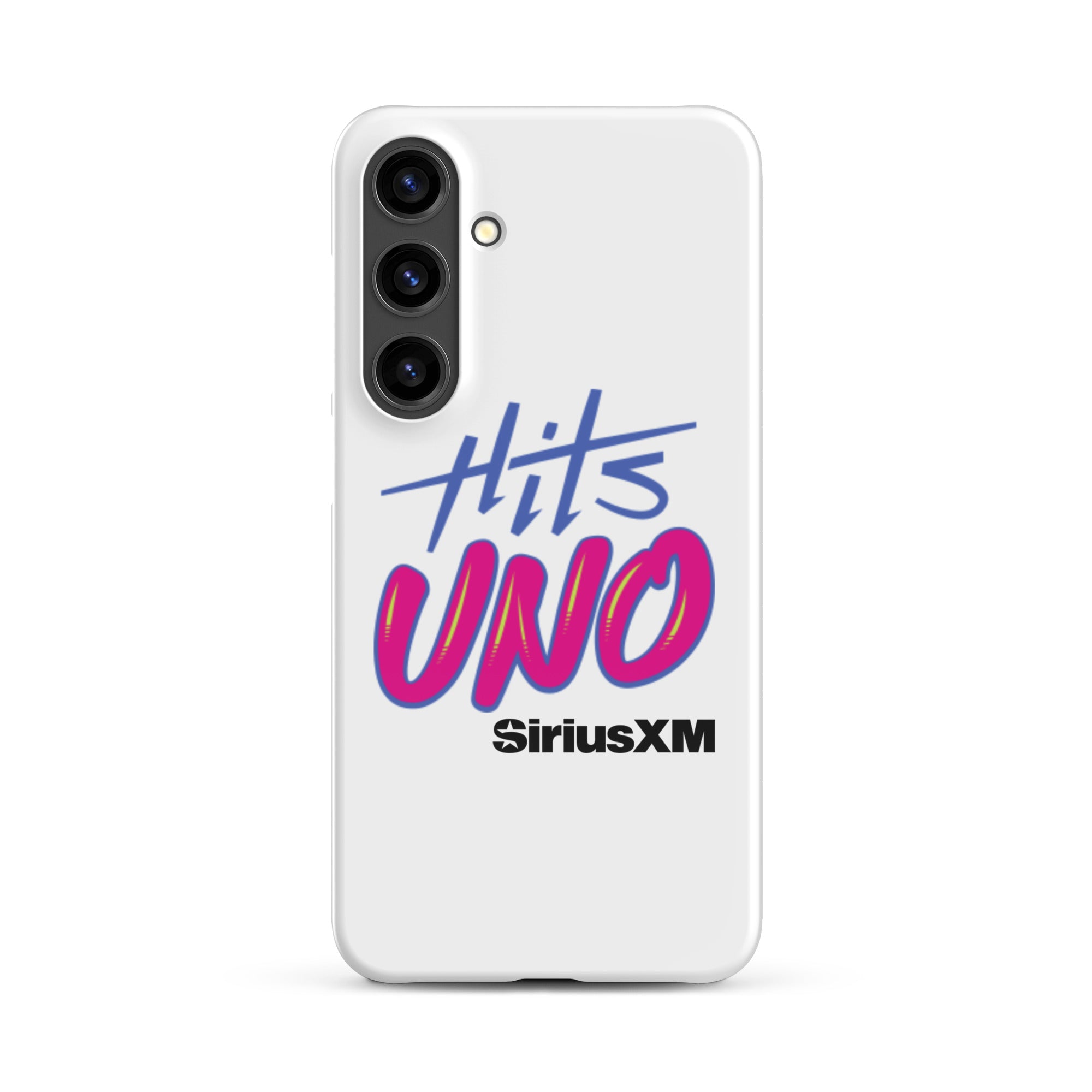 Phone case design featuring 'Hits UNO' and 'SiriusXM' in vibrant blue and pink colors on a white background.