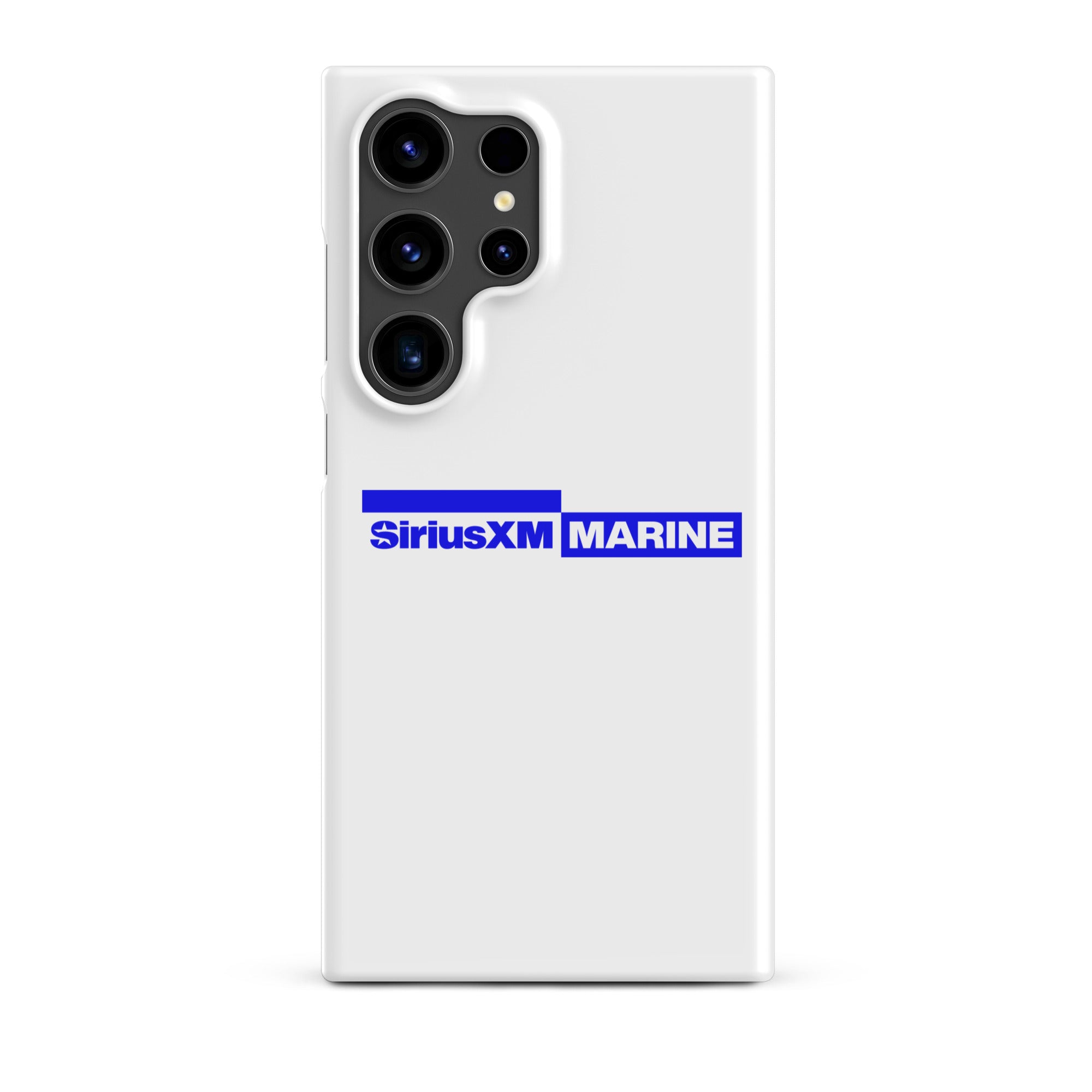 White phone case featuring the SiriusXM Marine logo in blue.