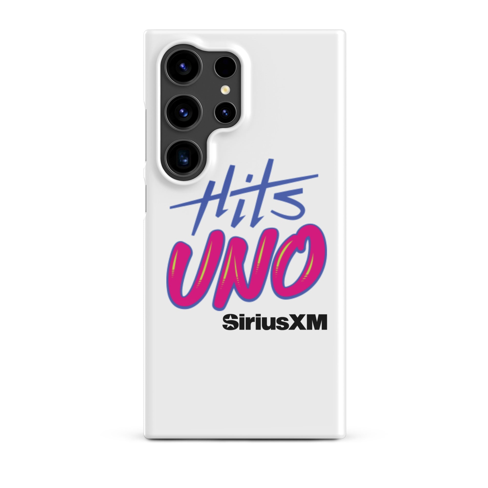 Phone case design featuring 'Hits UNO' and 'SiriusXM' in vibrant blue and pink colors on a white background.