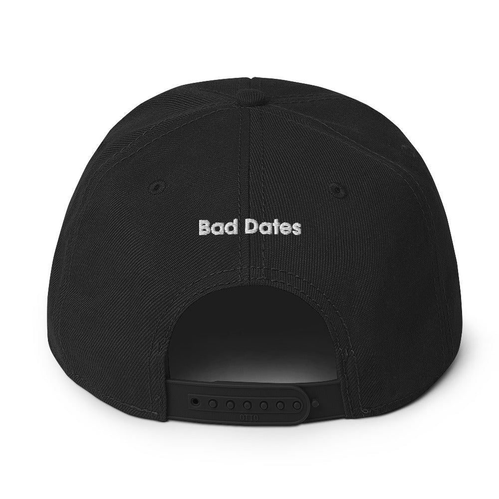 Back of black baseball cap with the text 'Bad Dates' in light gray.