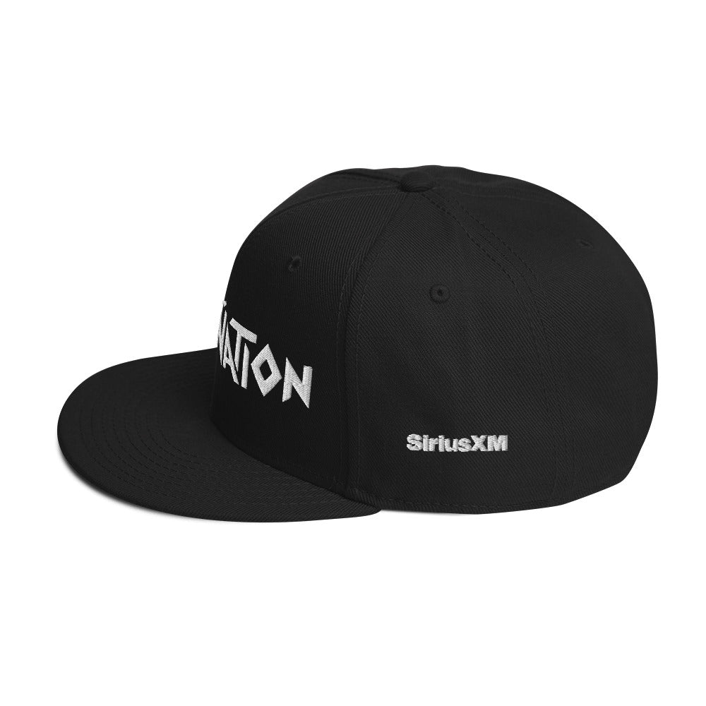 Black snapback cap featuring 'SiriusXM' logo on the side. Side view.