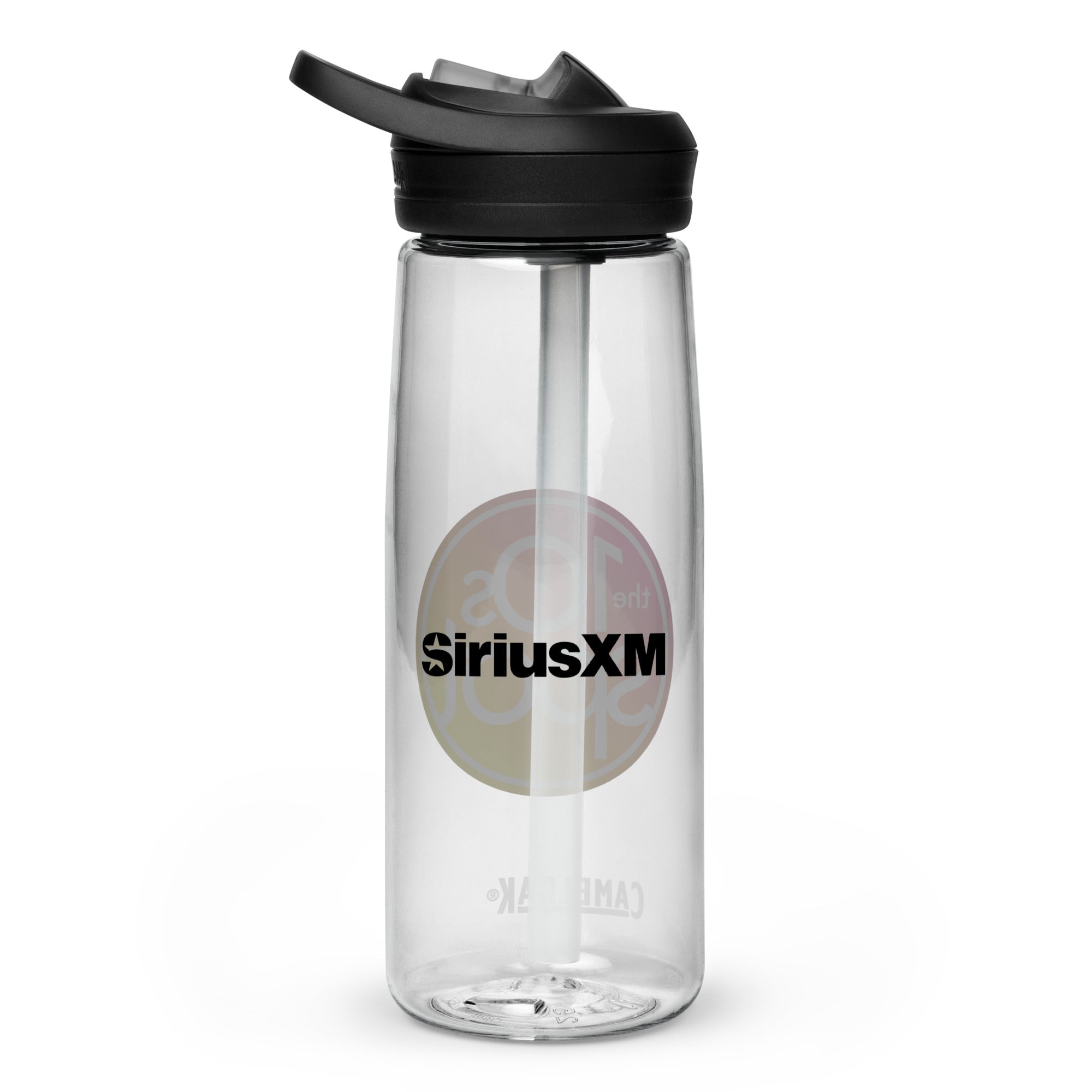 Back side of clear water bottle with 'SiriusXM' logo in black text.