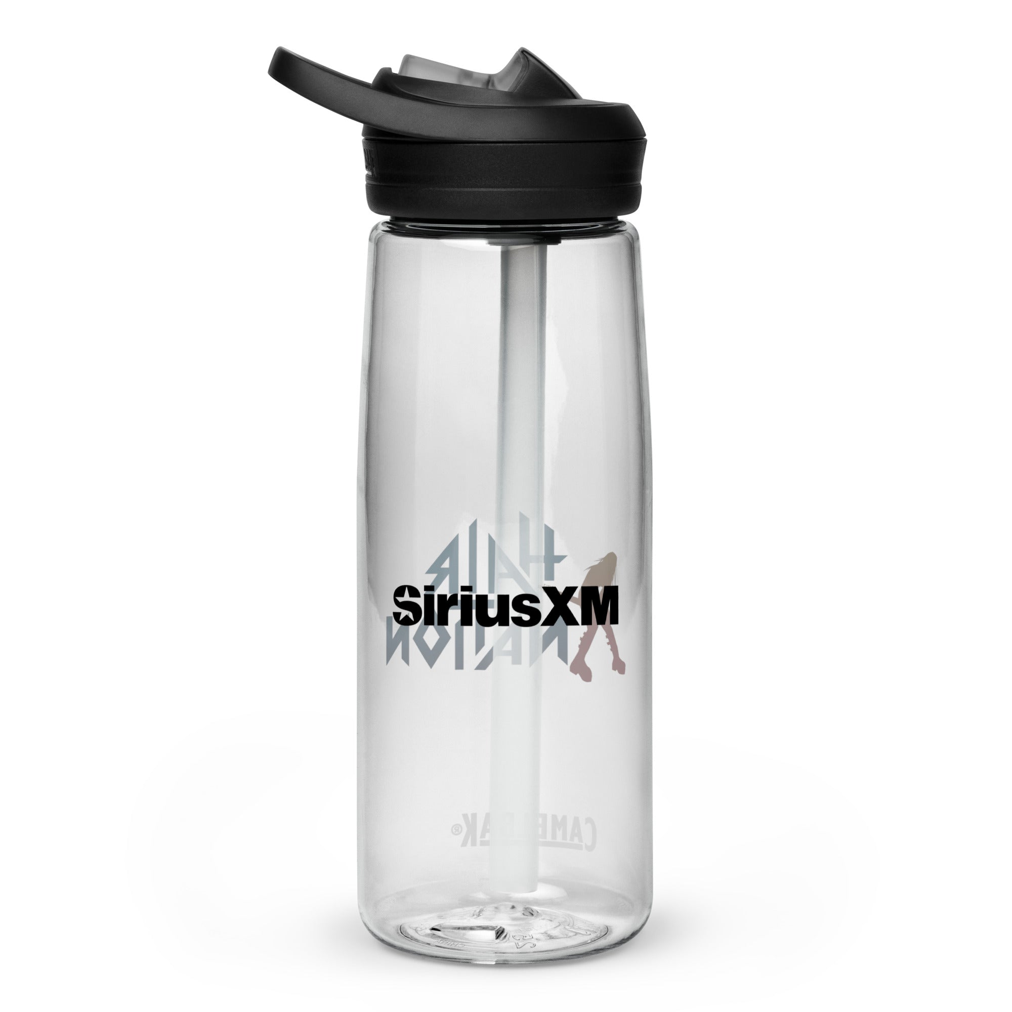 Back side of clear water bottle with 'SiriusXM' logo in black text.