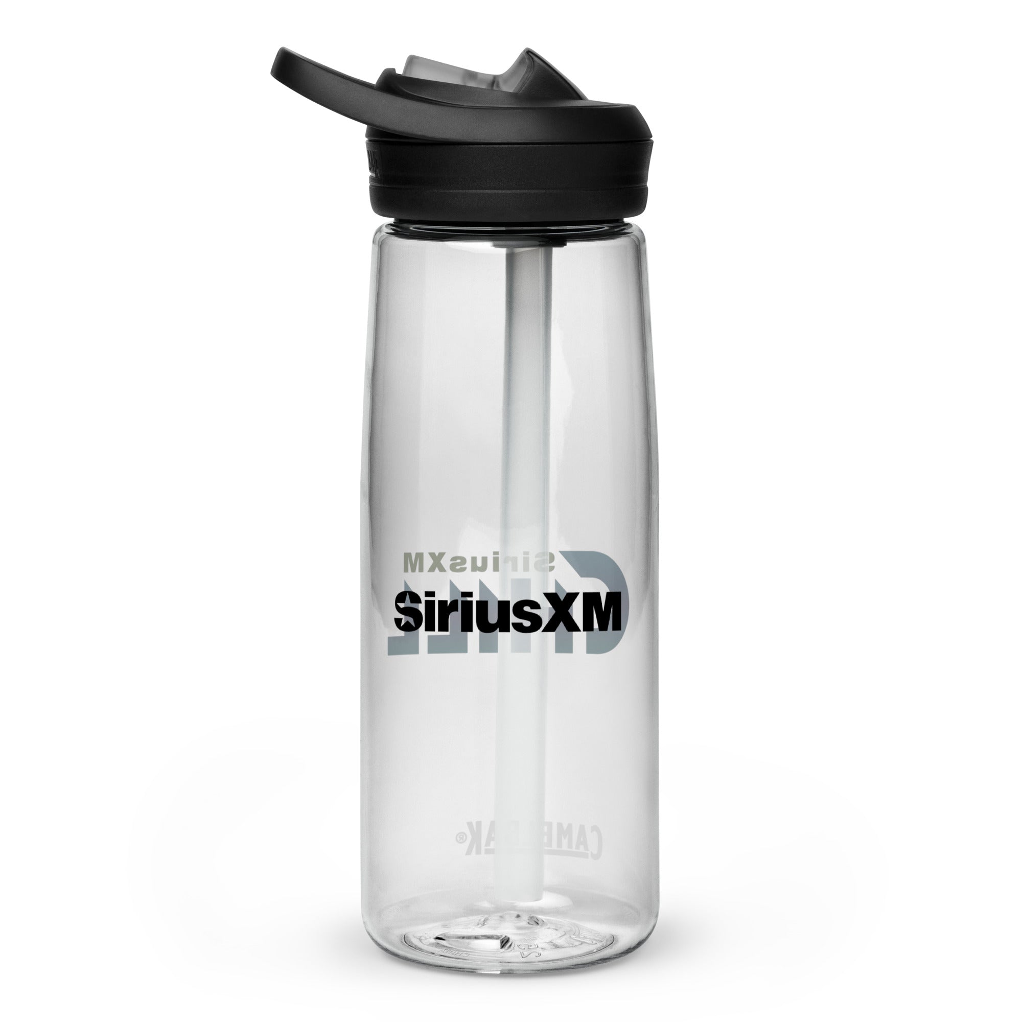 Back side of clear water bottle with 'SiriusXM' logo in black text.