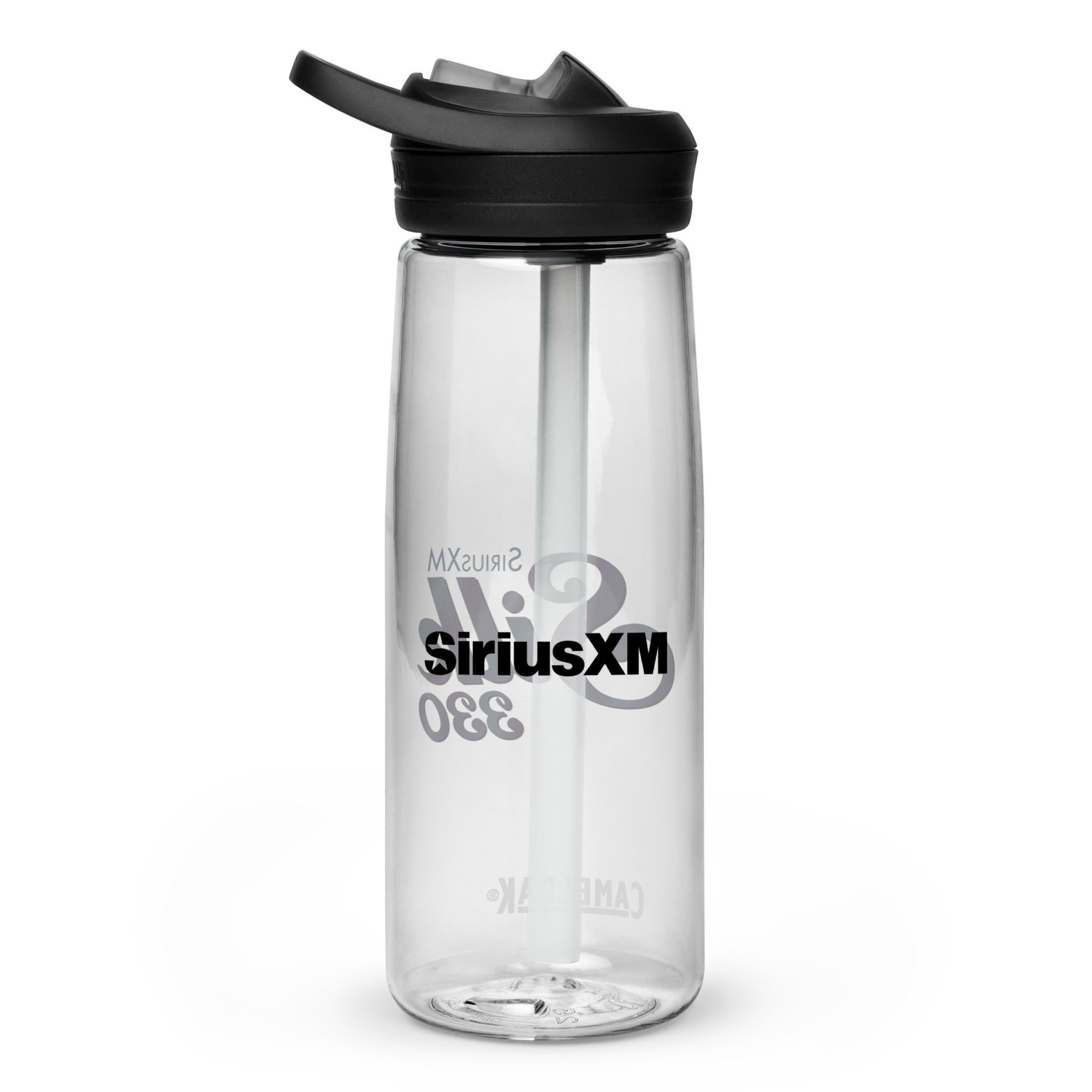 Back side of clear water bottle with 'SiriusXM' logo in black text.