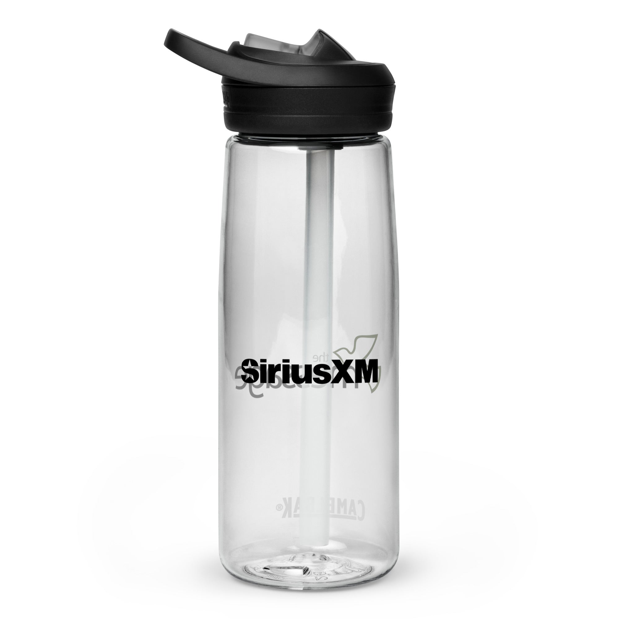 Back side of clear water bottle with 'SiriusXM' logo in black text.