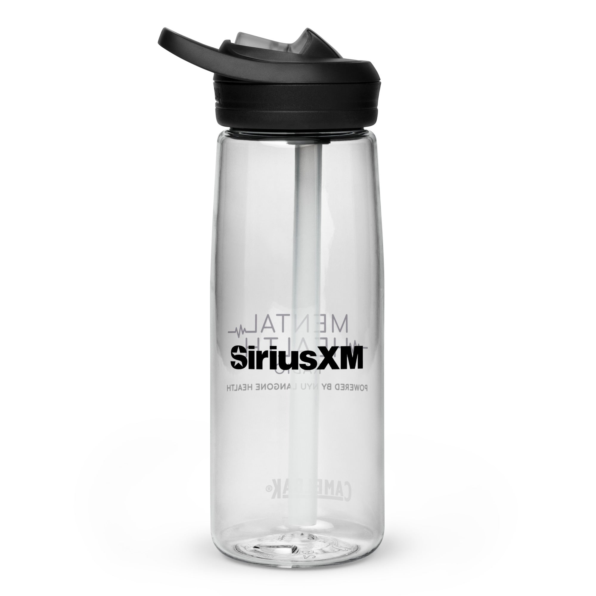 Back side of clear water bottle with 'SiriusXM' logo in black text.