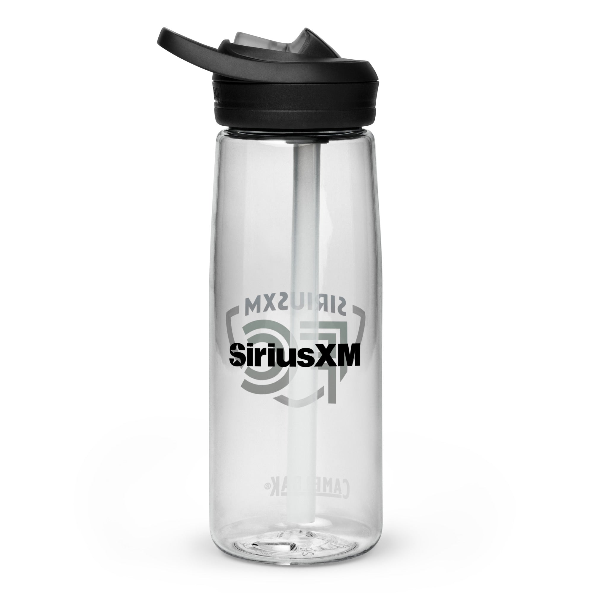 Back side of clear water bottle with 'SiriusXM' logo in black text.