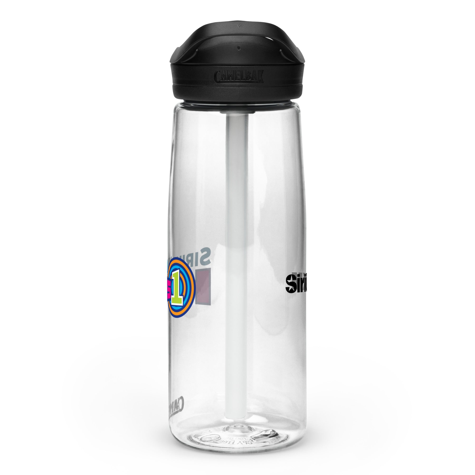 Right side view of clear water bottle with partial view front and back logos and 'CamelBak®' logo engraved into black lid.