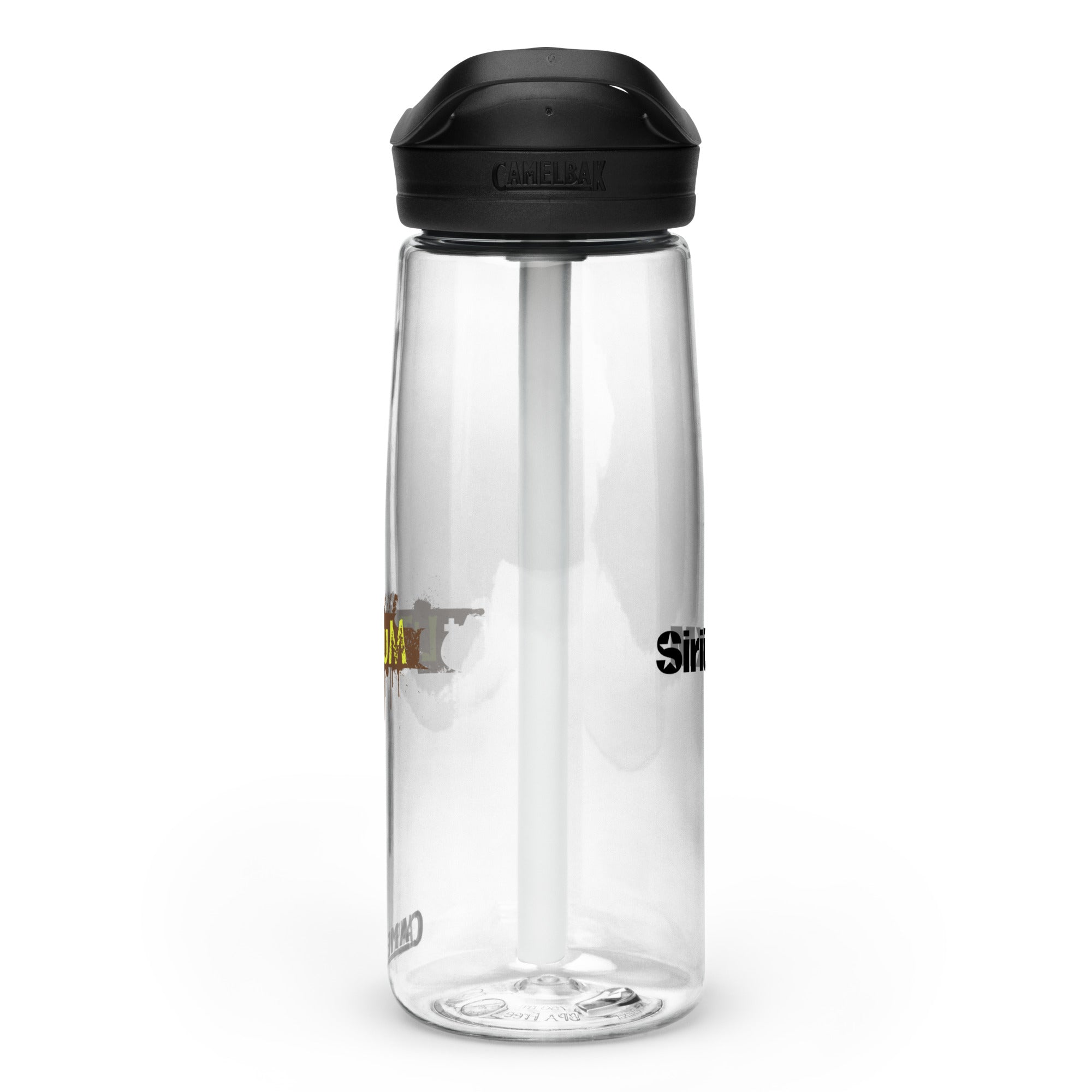 Right side view of clear water bottle with partial view front and back logos and 'CamelBak®' logo engraved into black lid.