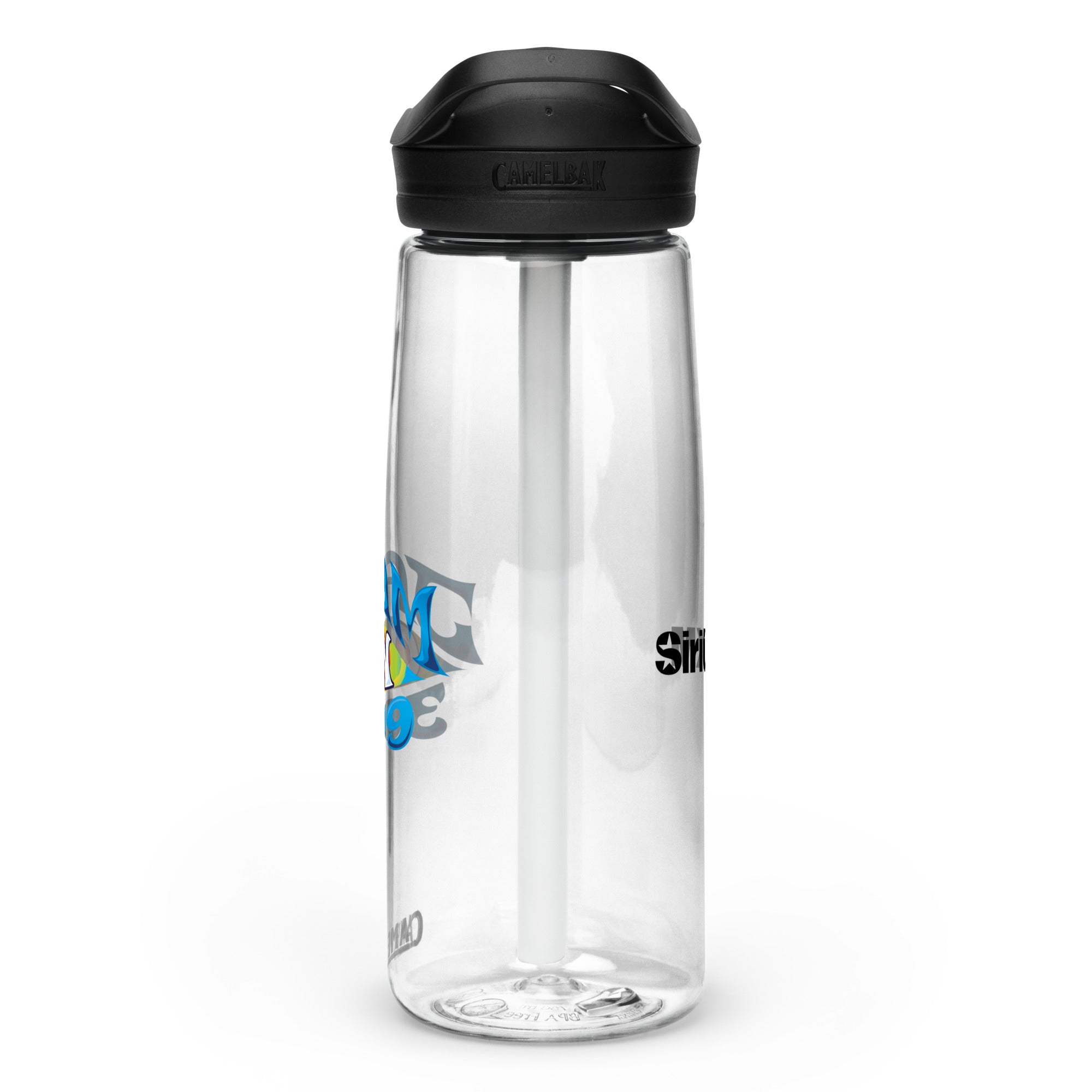 Right side view of clear water bottle with partial view front and back logos and 'CamelBak®' logo engraved into black lid.