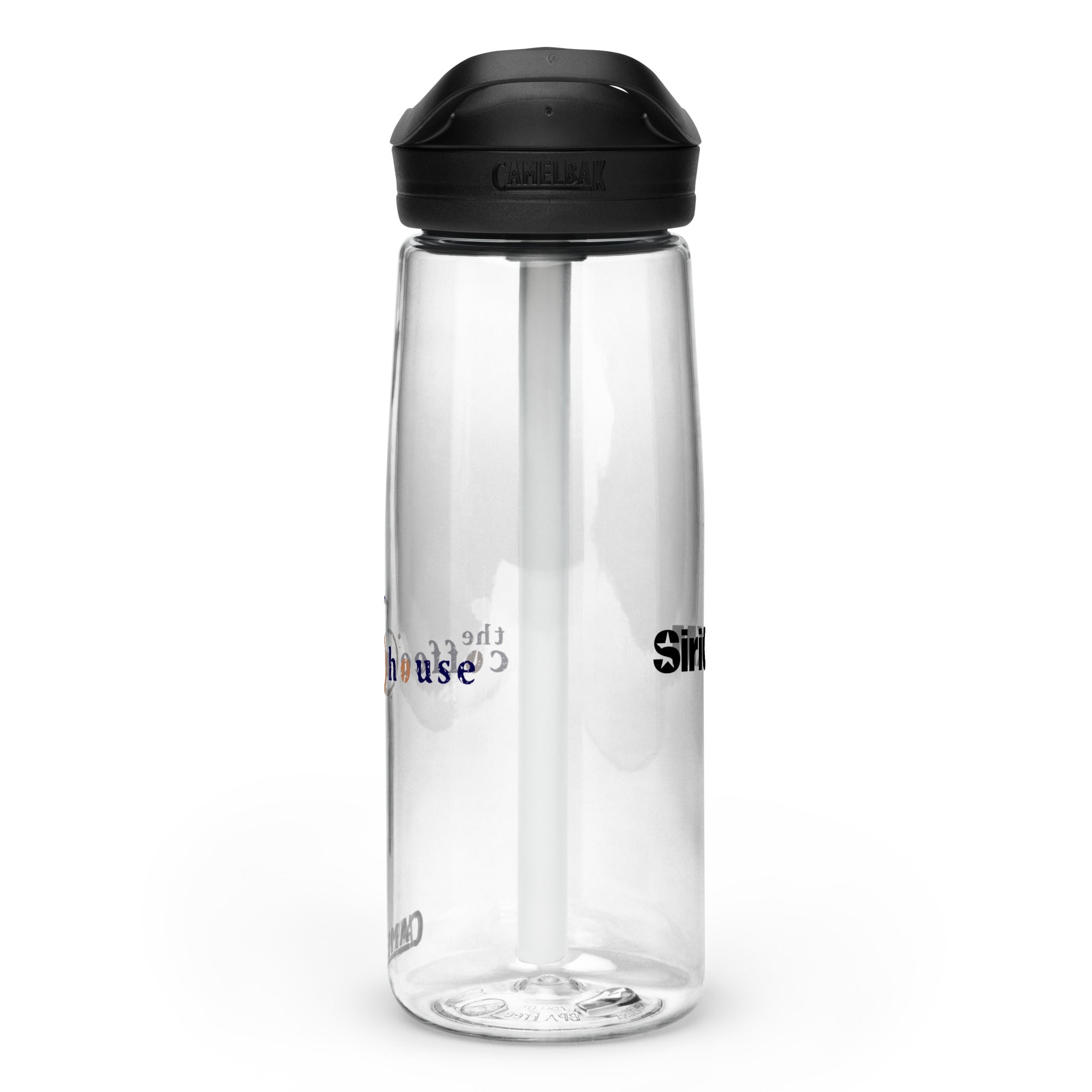 Right side view of clear water bottle with partial view front and back logos and 'CamelBak®' logo engraved into black lid.