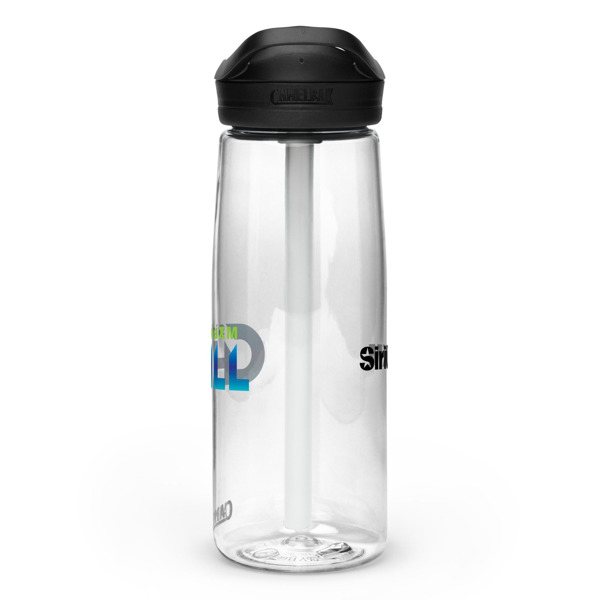 Right side view of clear water bottle with partial view front and back logos and 'CamelBak®' logo engraved into black lid.