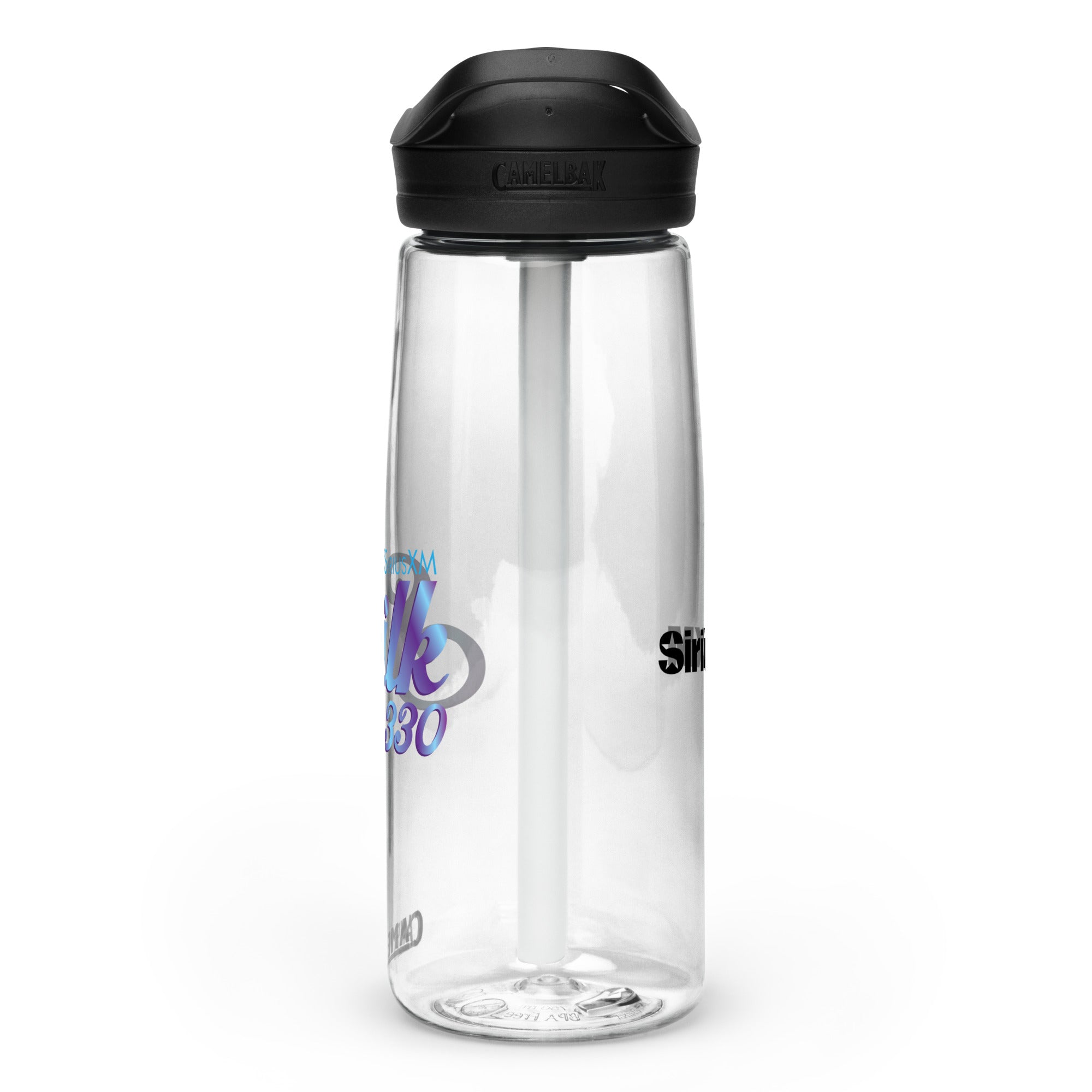 Right side view of clear water bottle with partial view front and back logos and 'CamelBak®' logo engraved into black lid.