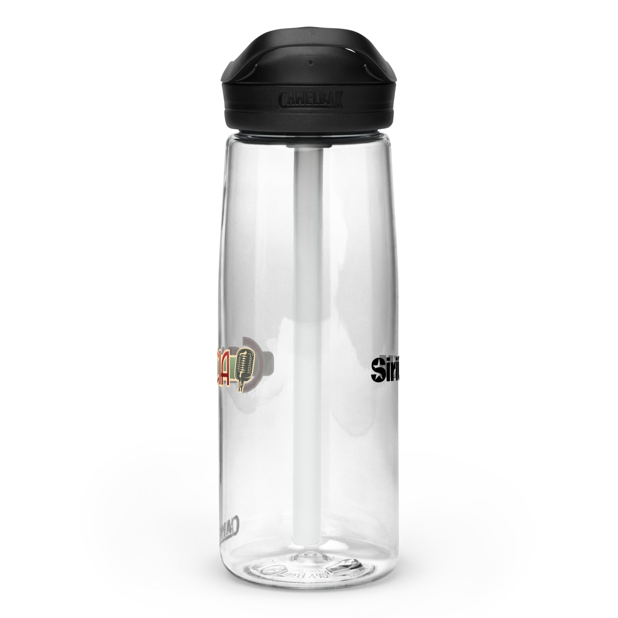 Right side view of clear water bottle with partial view front and back logos and 'CamelBak®' logo engraved into black lid.