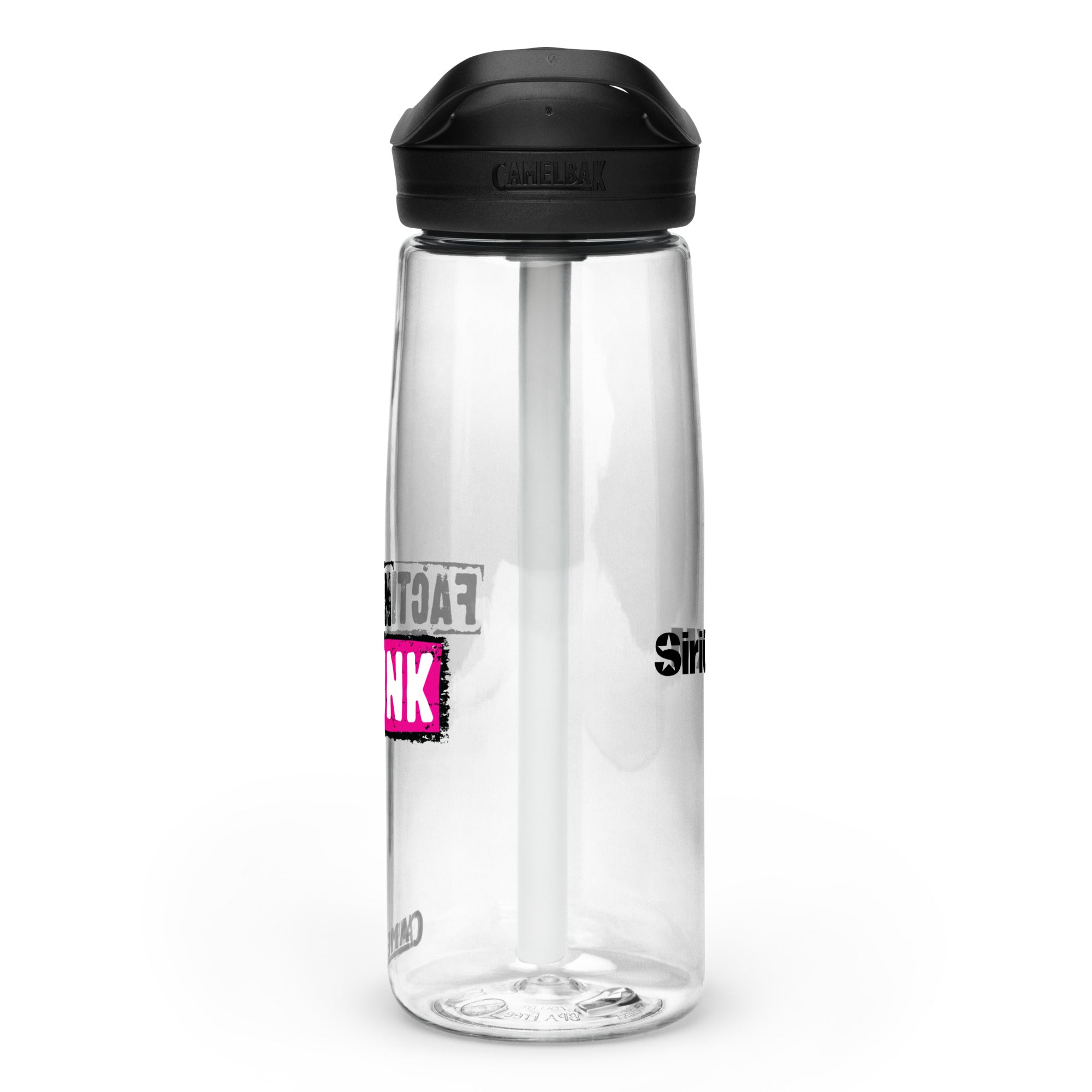 Right side view of clear water bottle with partial view front and back logos and 'CamelBak®' logo engraved into black lid.