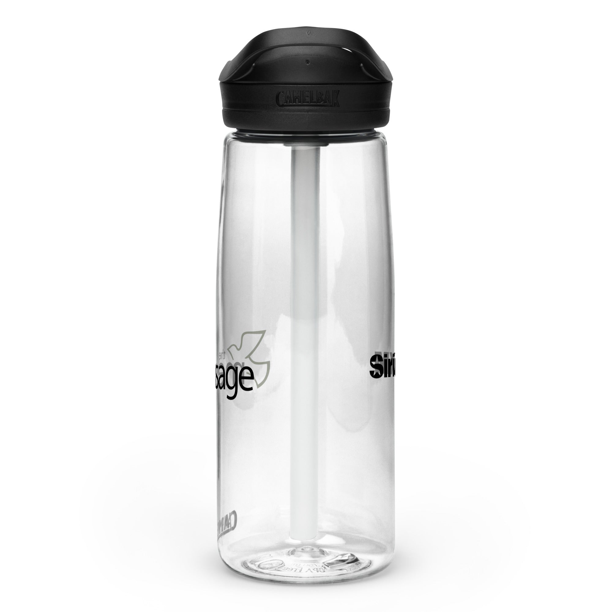 Right side view of clear water bottle with partial view front and back logos and 'CamelBak®' logo engraved into black lid.