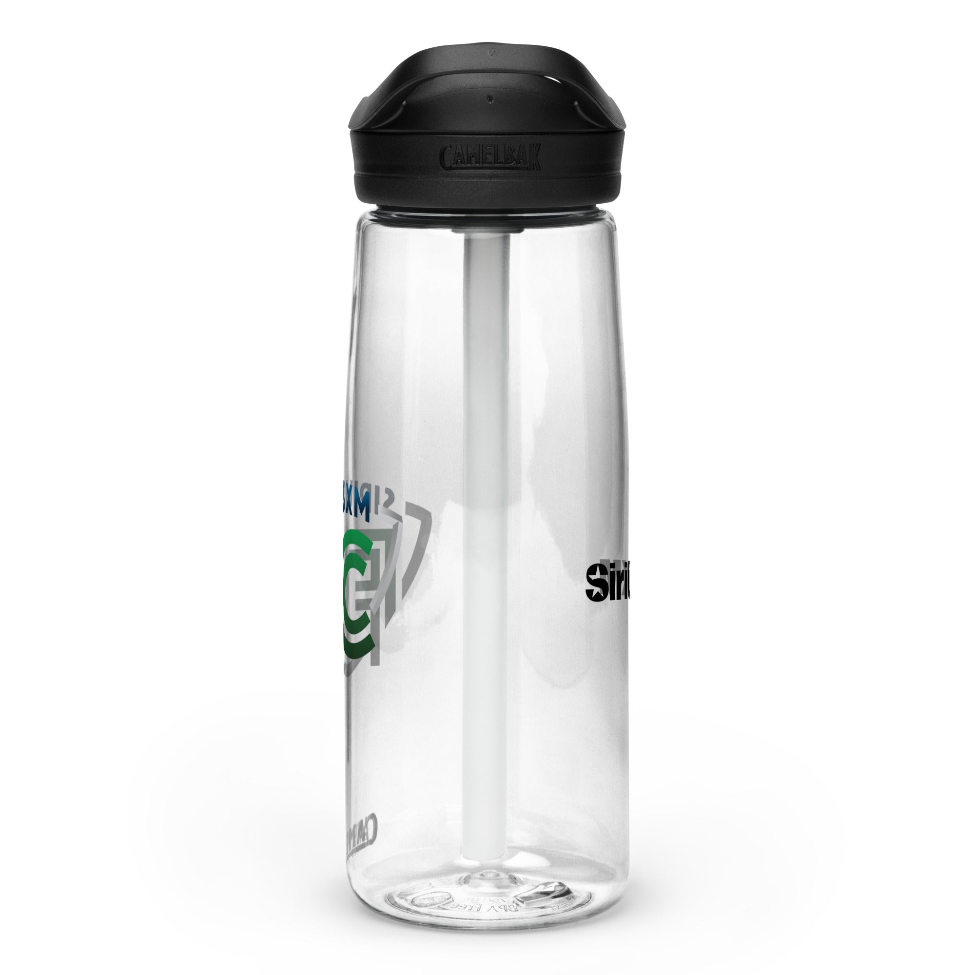 Side view of clear water bottle with a black cap and a built-in straw, featuring green and black logos.