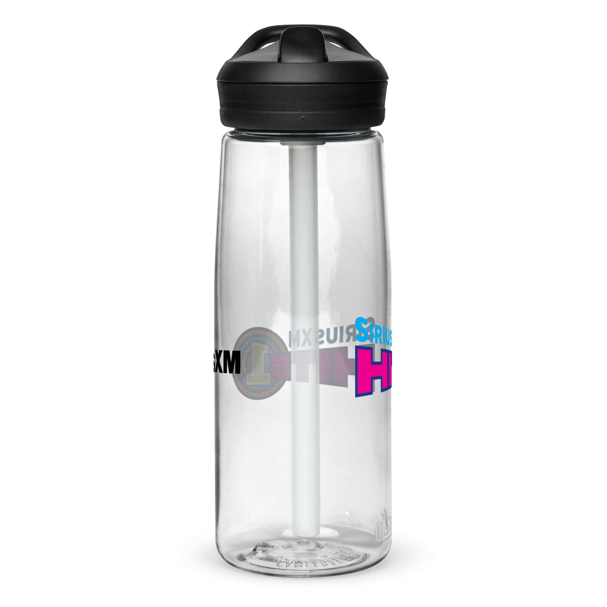 Left side of clear water bottle with partial view front and back logos.