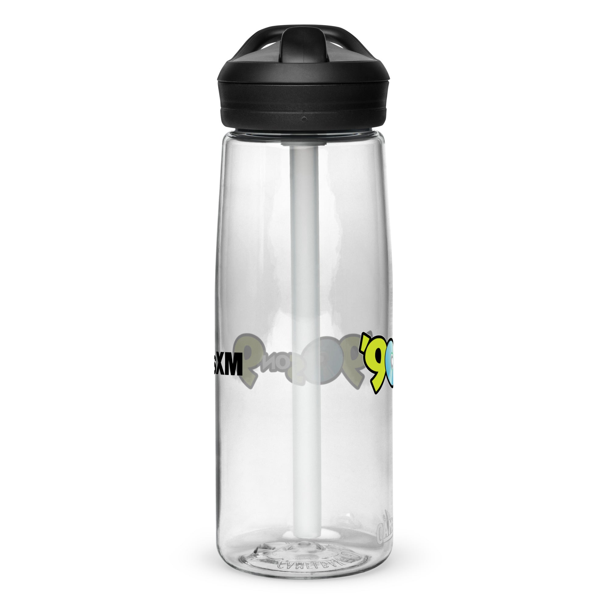 Left side of clear water bottle with partial view front and back logos.