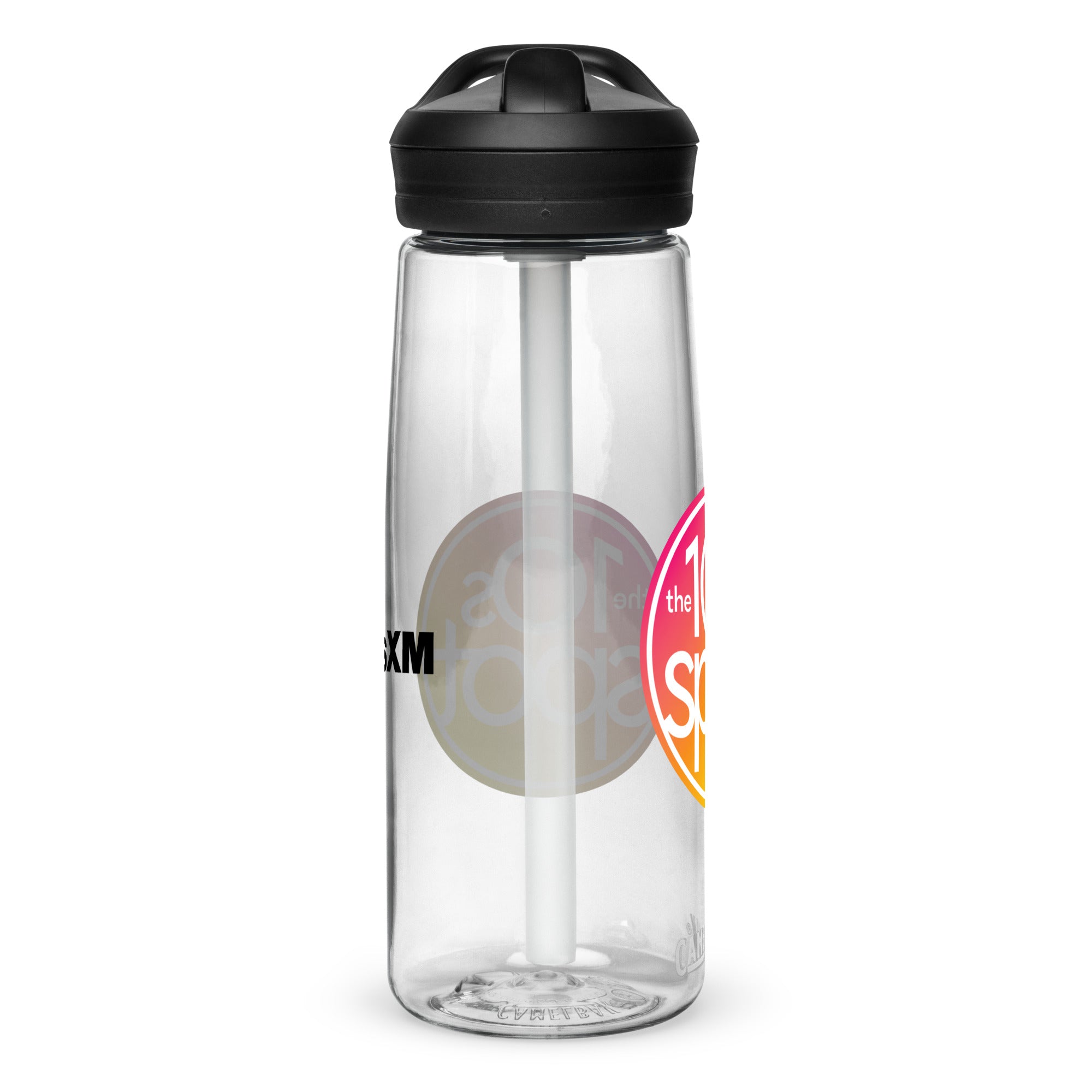 Left side of clear water bottle with partial view front and back logos.