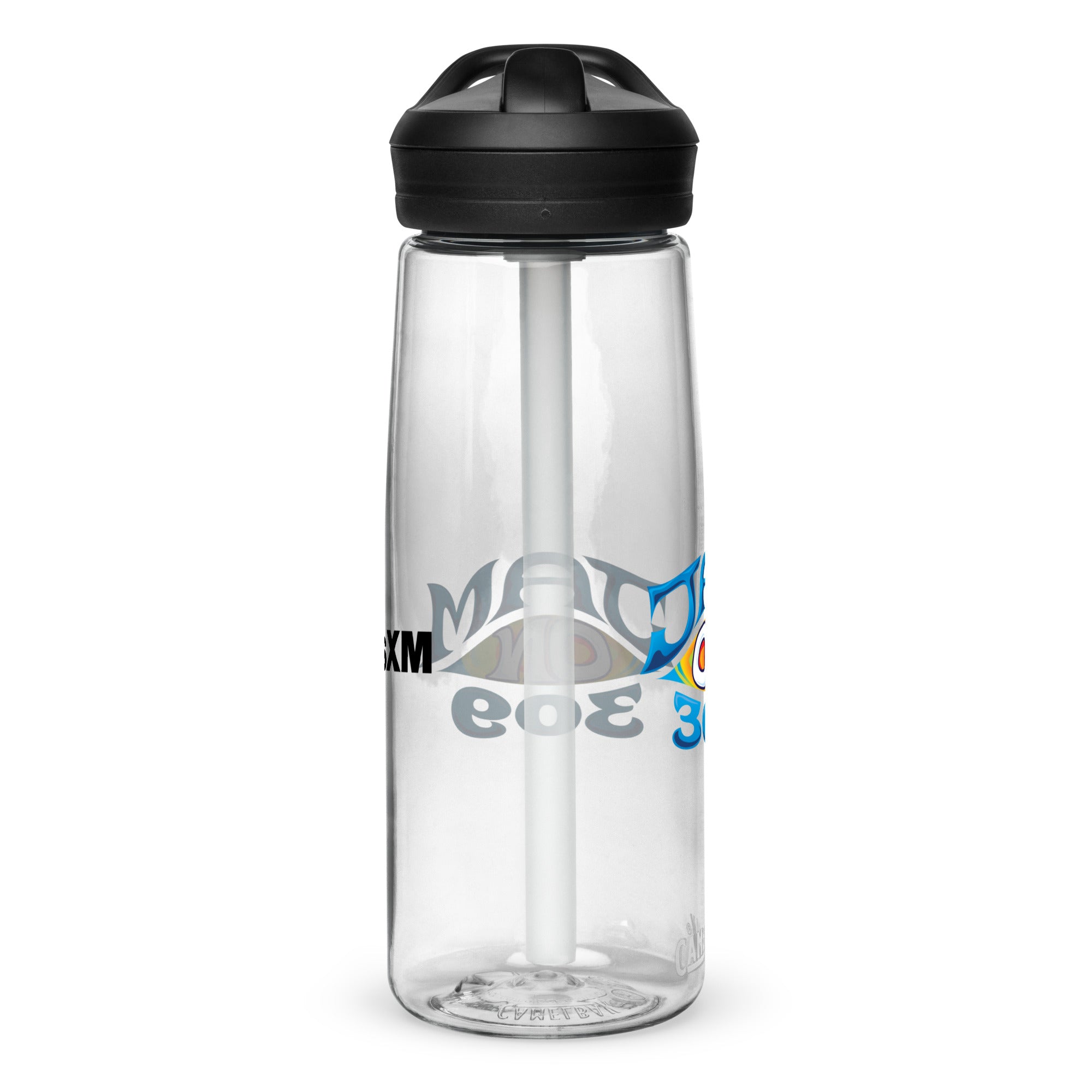 Left side of clear water bottle with partial view front and back logos.