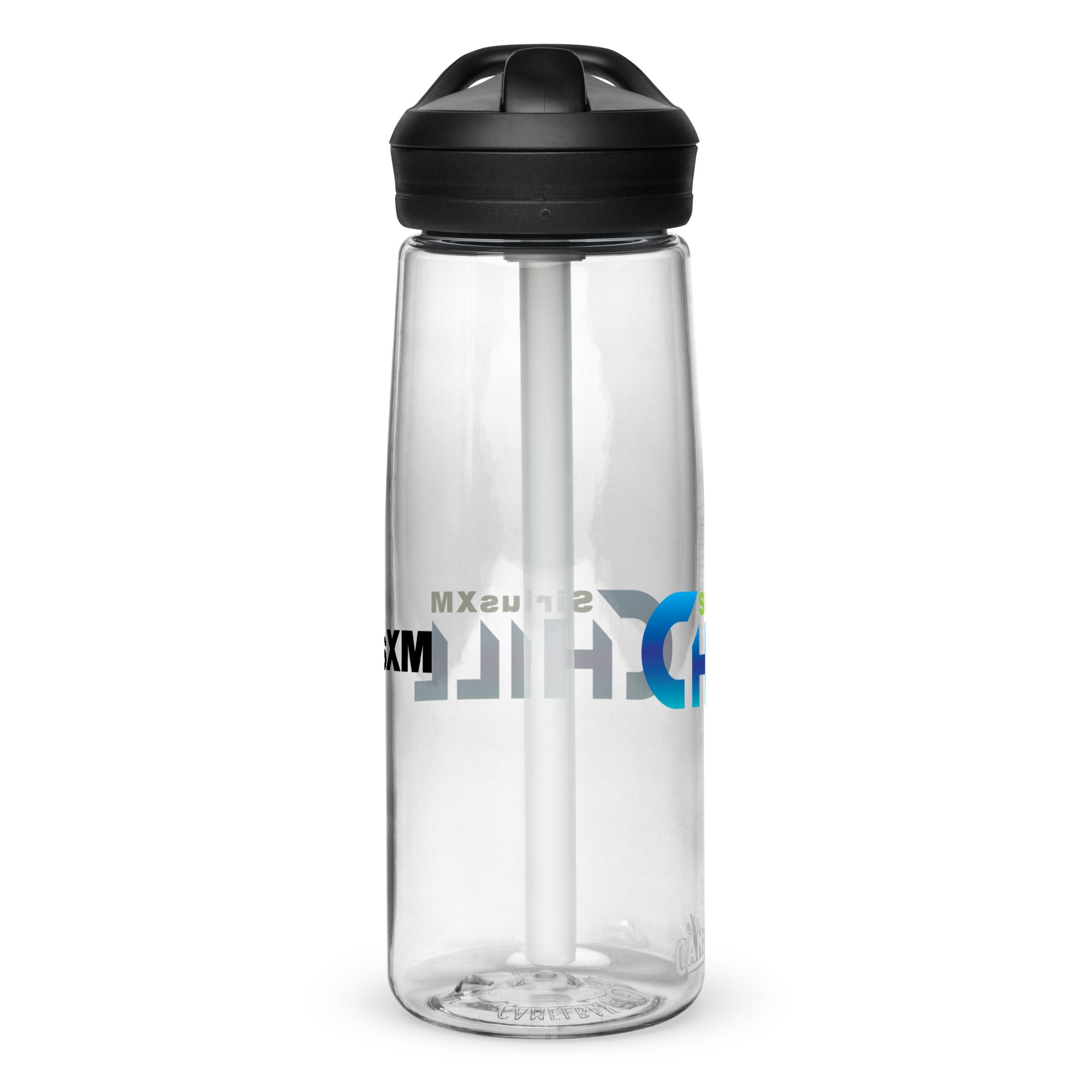 Left side of clear water bottle with partial view front and back logos.